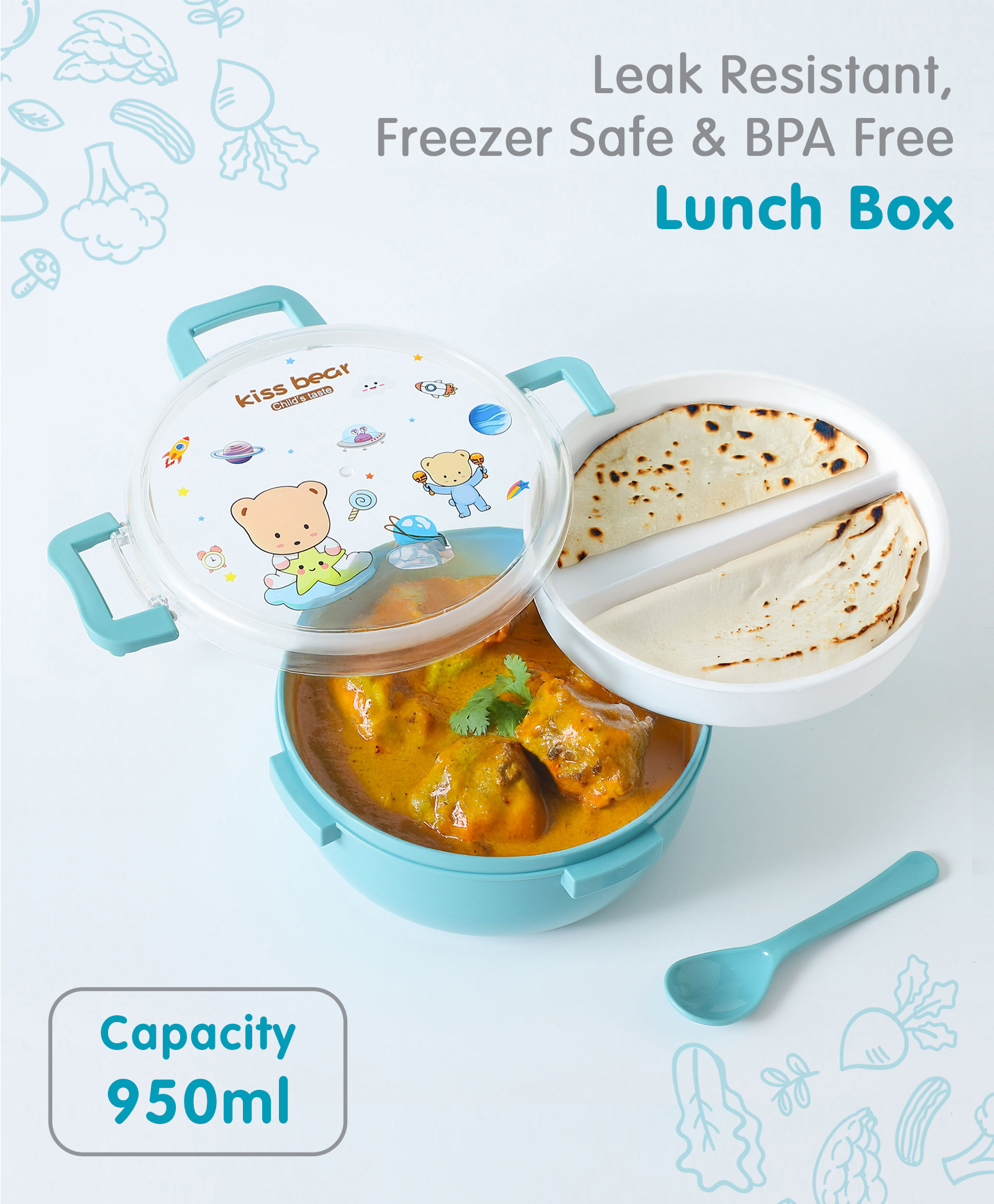 Leak Proof And Freezer Safe Bear Print Lunch Box - Light Blue-image-49