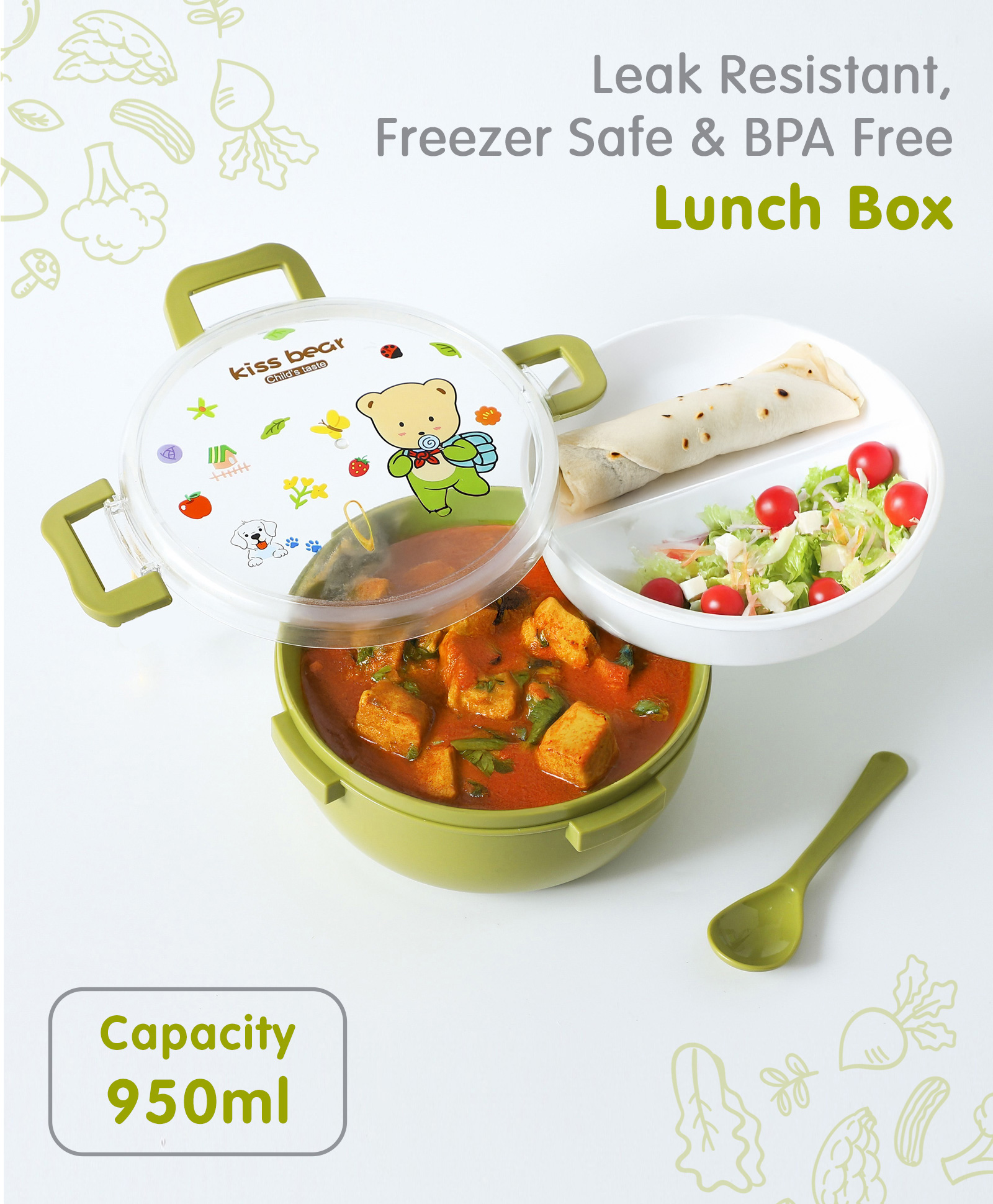 Leak Proof And Freezer Safe Bear Print Lunch Box - Green-image-27