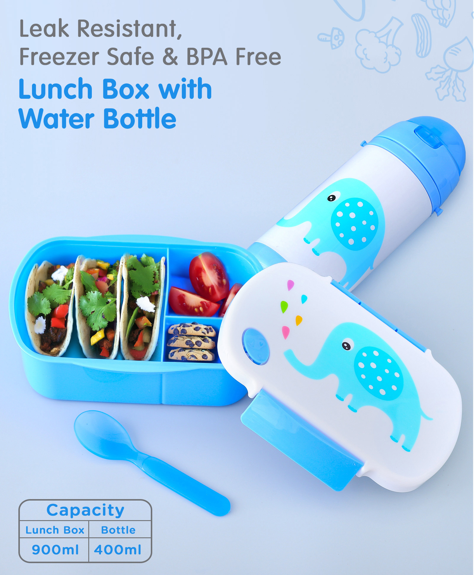 Freezer & leak Proof Lunch Box Set with Water Bottle Elephant Print - Blue-image-30