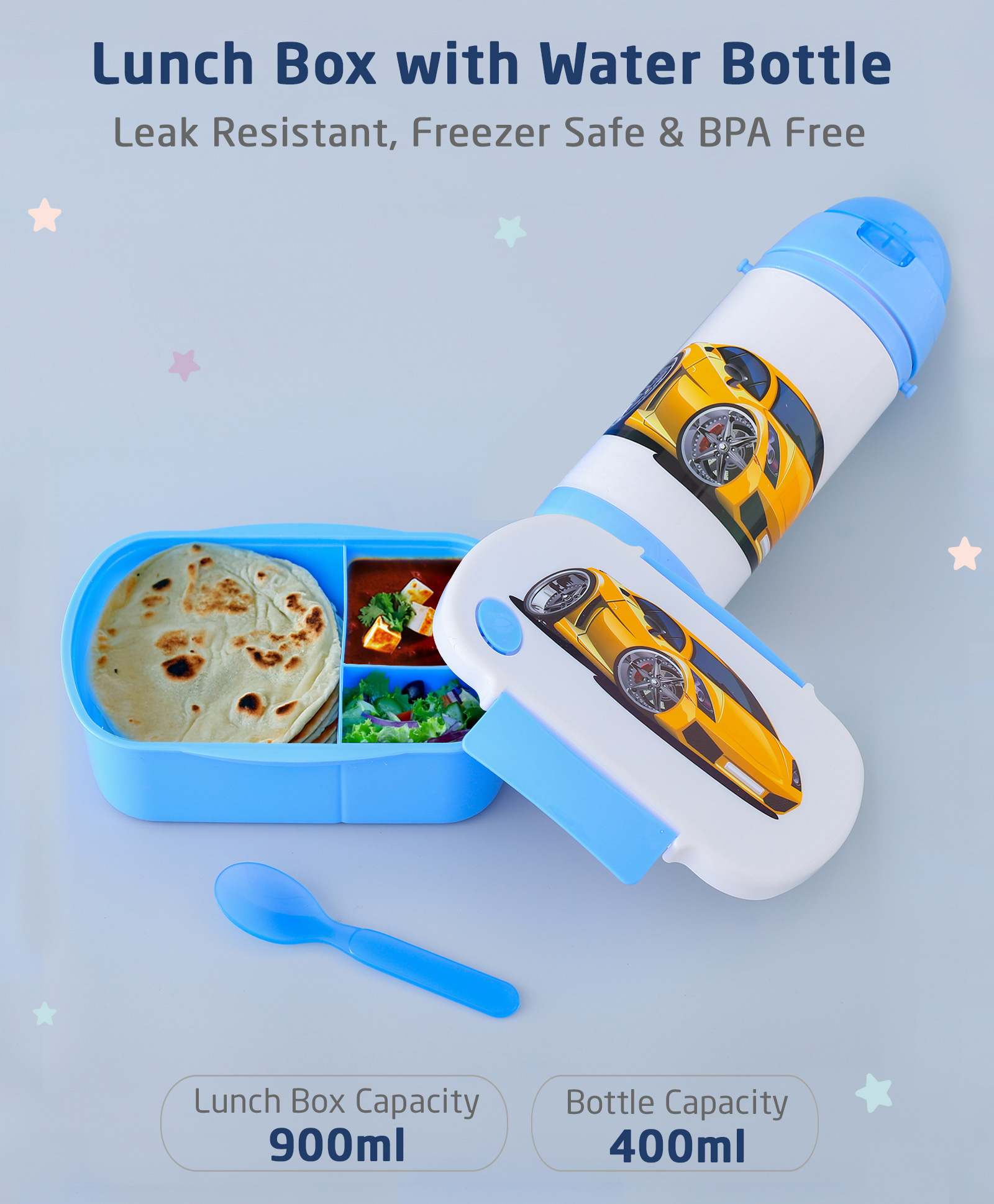 ZOE Freezer And Leak Proof Lunch Box Set With Water Bottle Car Print - Blue-image-32
