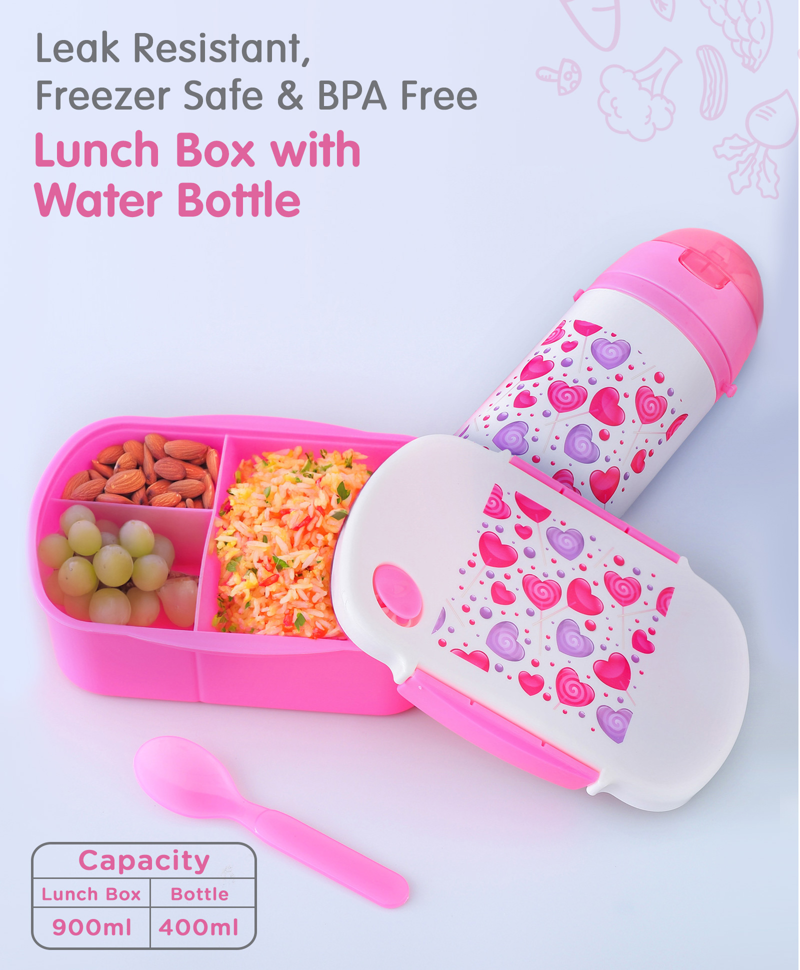 Freezer & leak Proof Lunch Box Set with Water Bottle Hearts Print - Dark Pink-image-38