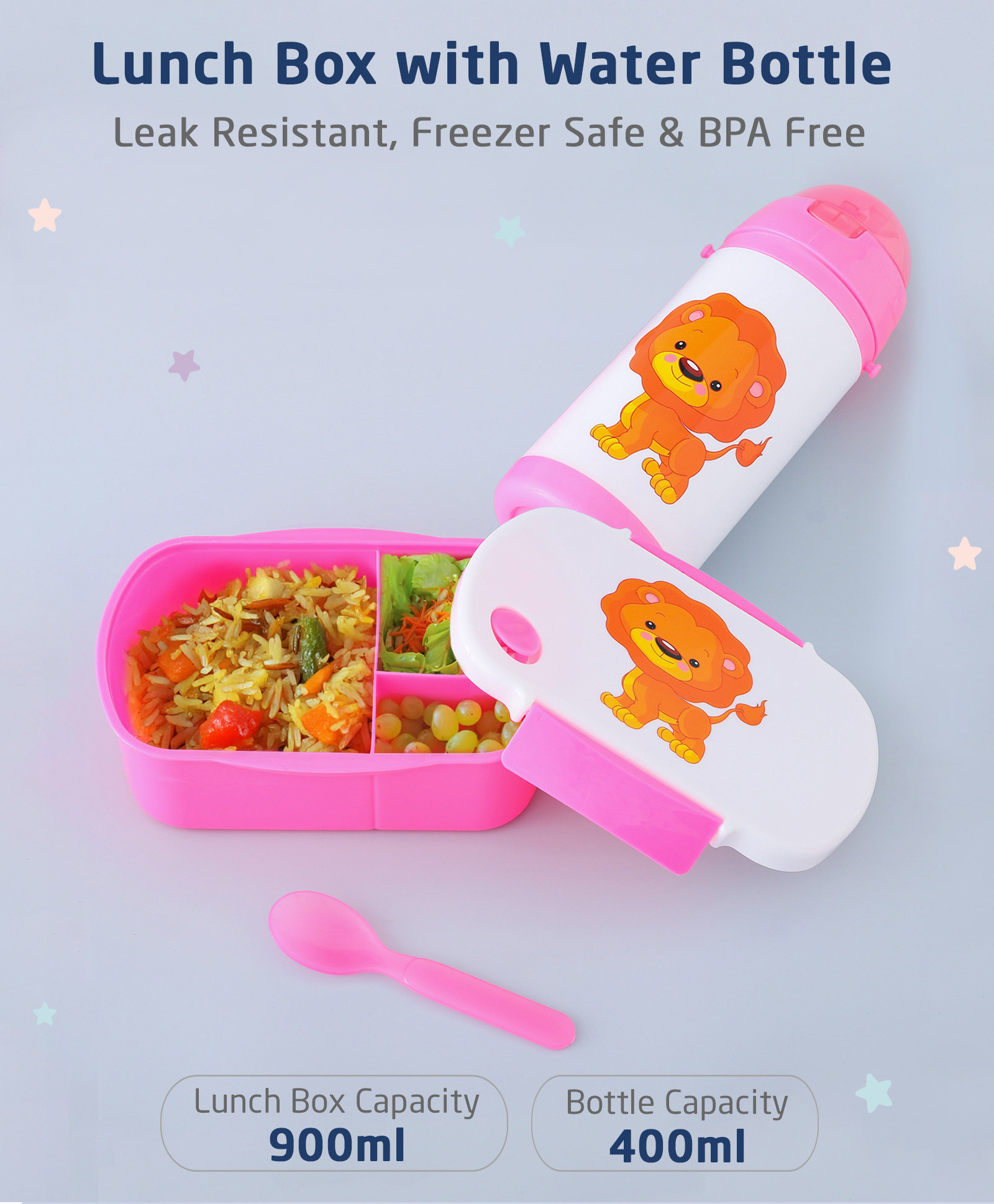 ZOE Lunch Box Set With Water Bottle Lion Print - Pink-picture-36