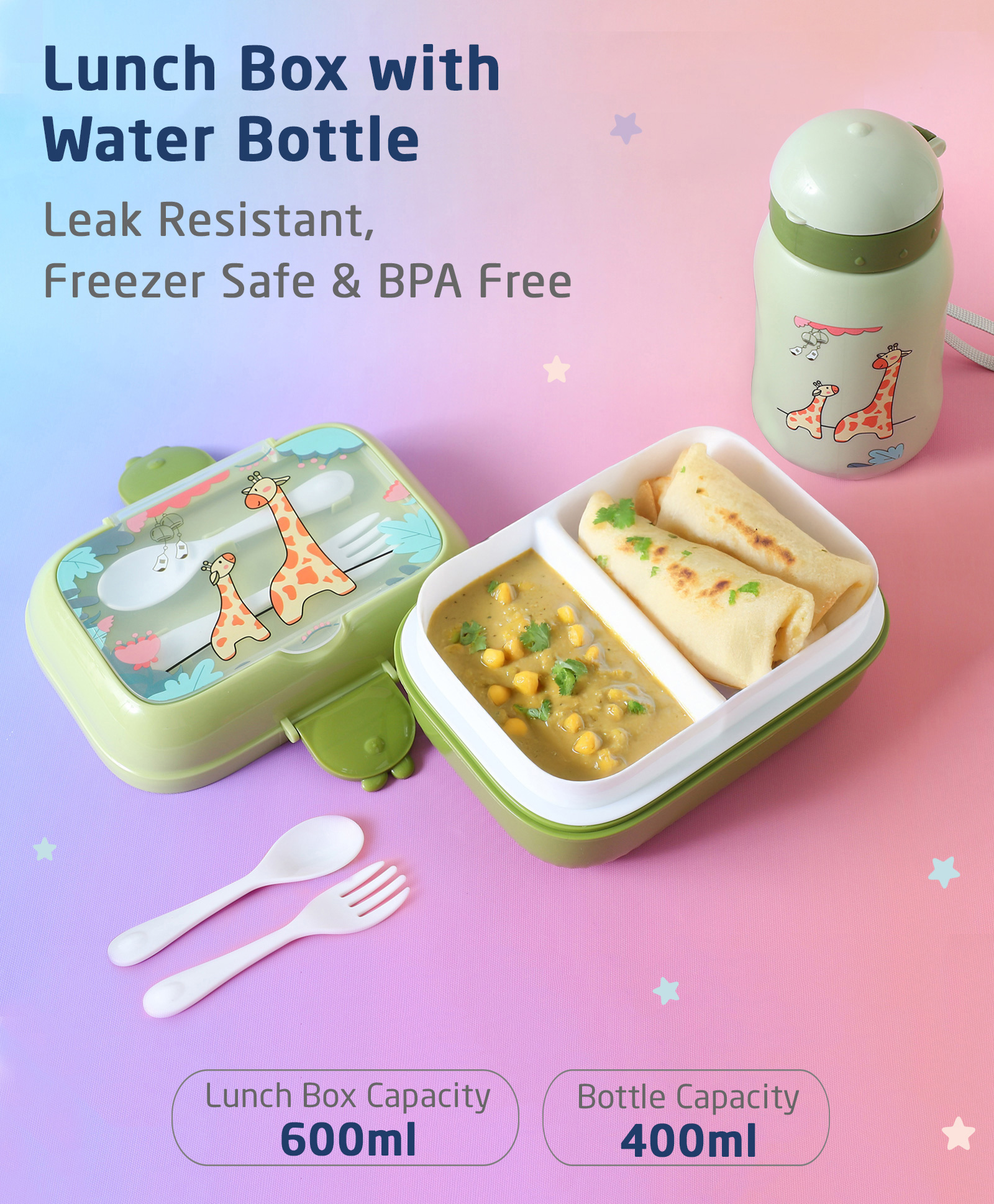 ZOE Portable Lunch Box with Bottle Set GiraffePrint - Light Green-picture-24