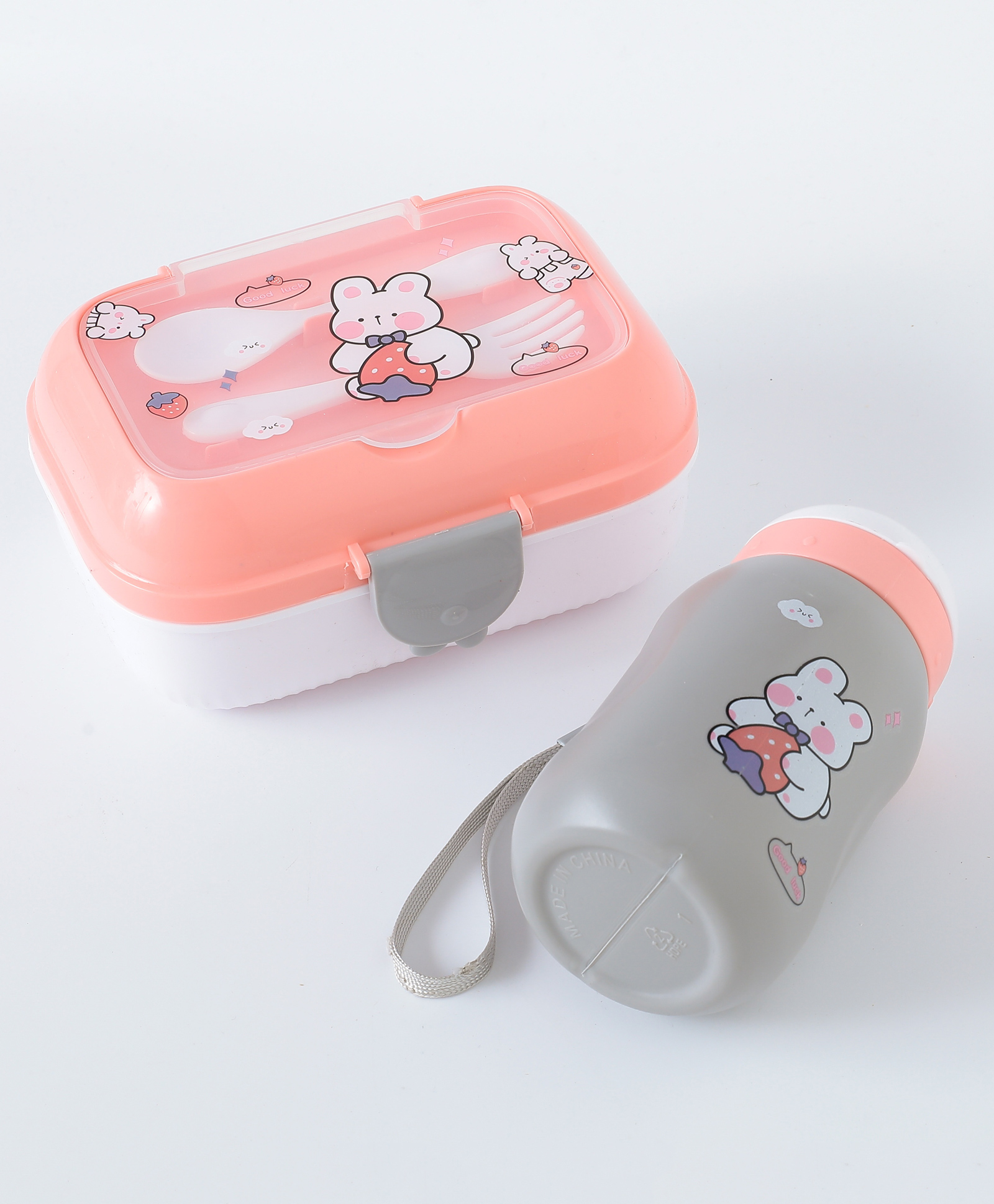 Leak-Proof & Freezer Safe Bear Printed Lunch Box & Water Bottle Set - Pink-image-47
