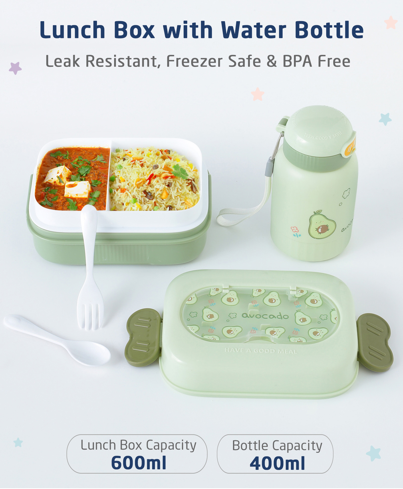 ZOE Portable Lunch Box with Bottle Set Avocado Print - Light Green-image-48