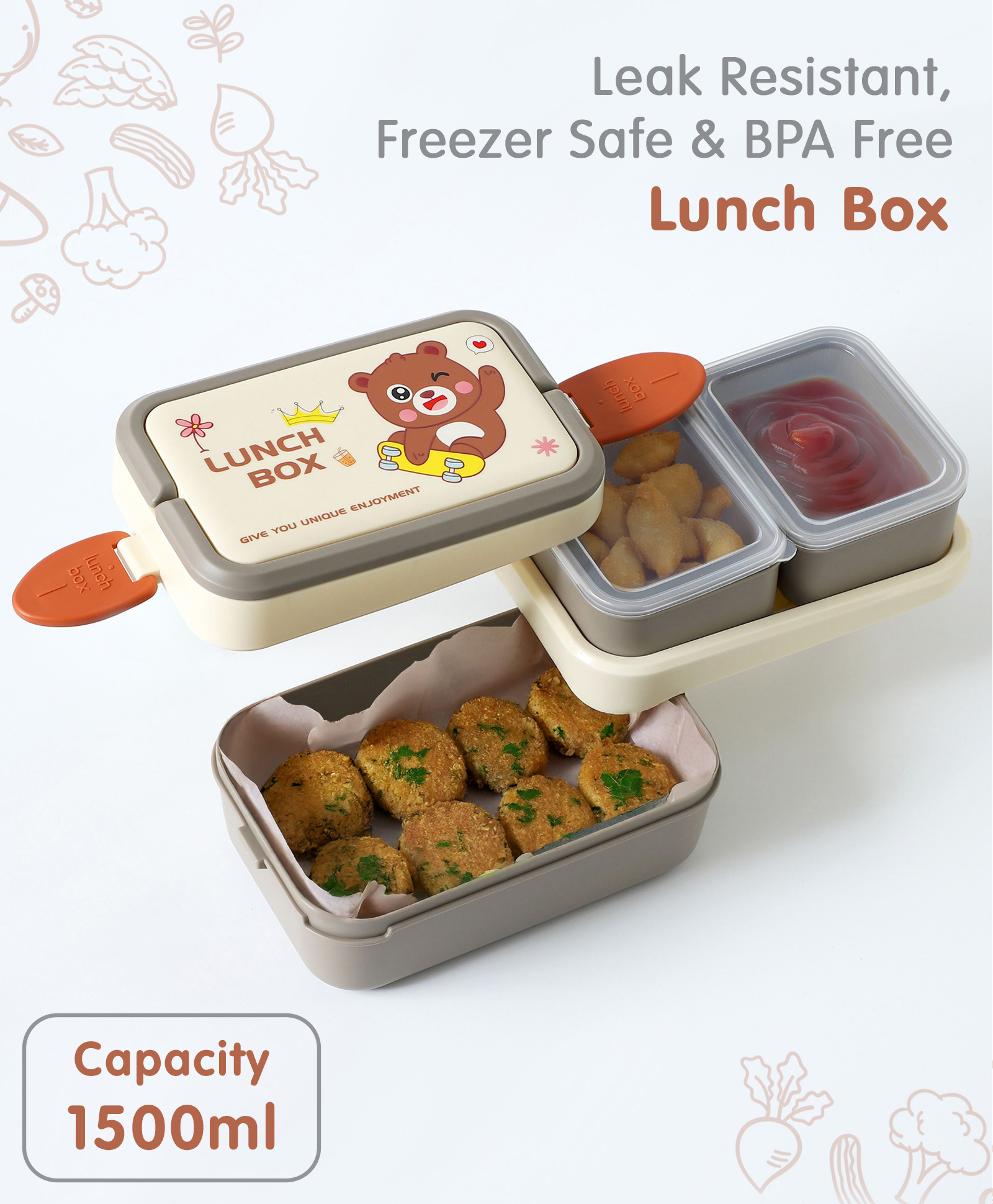 Leak Proof And Freezer Safe Bear Print Lunch Box - Brown-image-4
