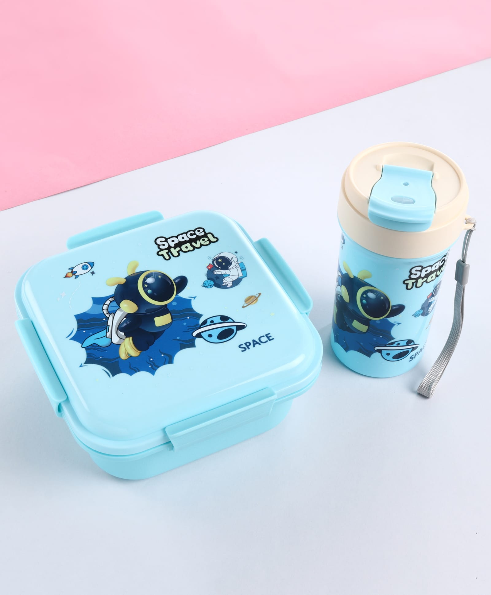 Dino Printed Lunch Box & Water Bottle Set|BPA Free|Leak Resistant|Freezer Safe|3 compartment,1 Water bottle and 1 Spoon cum Fork|590ML+480ML|Perfect for School Kids & Outdoors|Pink-image-35