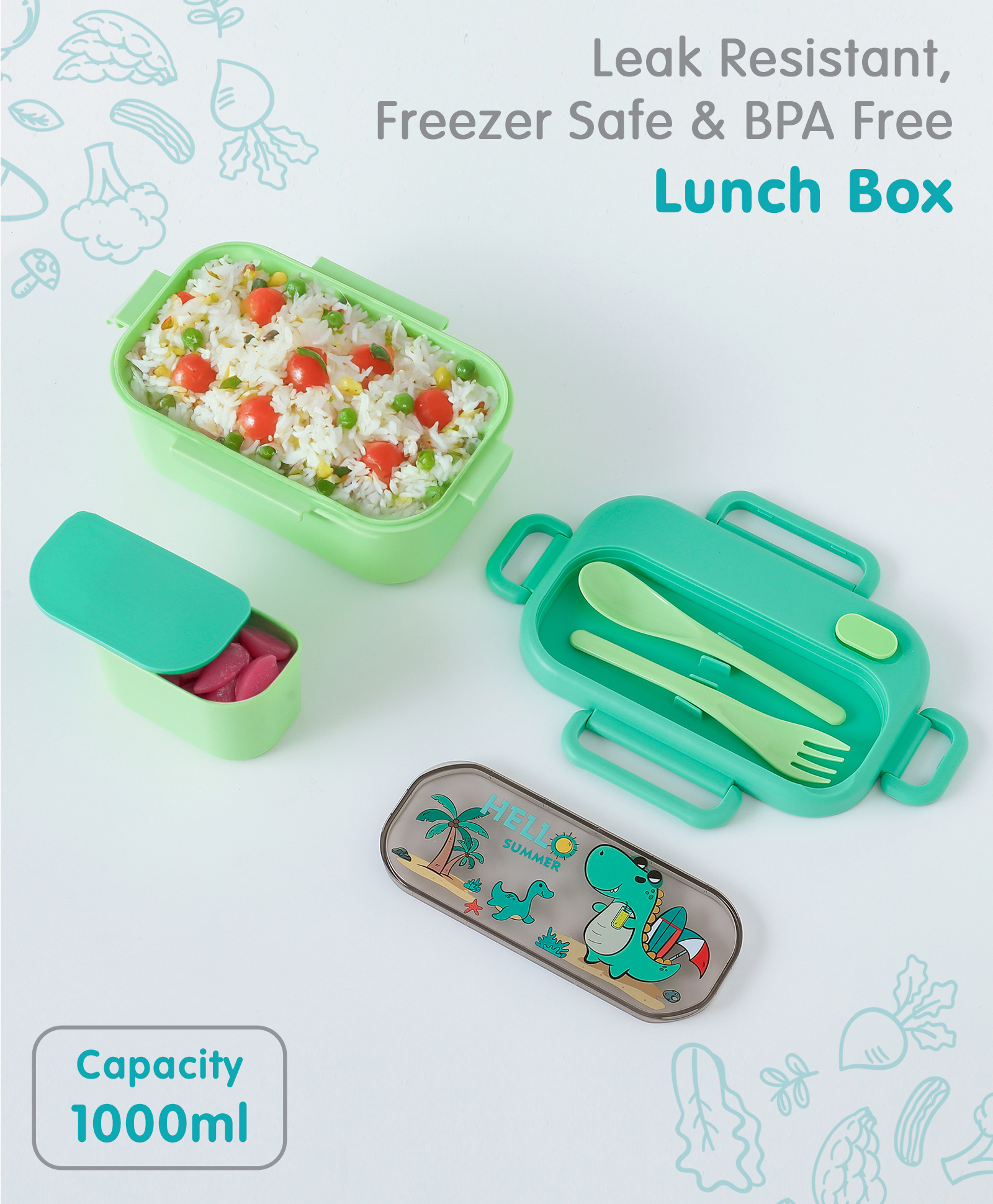 Freezer & Leak Proof Lunch Box with Dino Print - Green-image-33