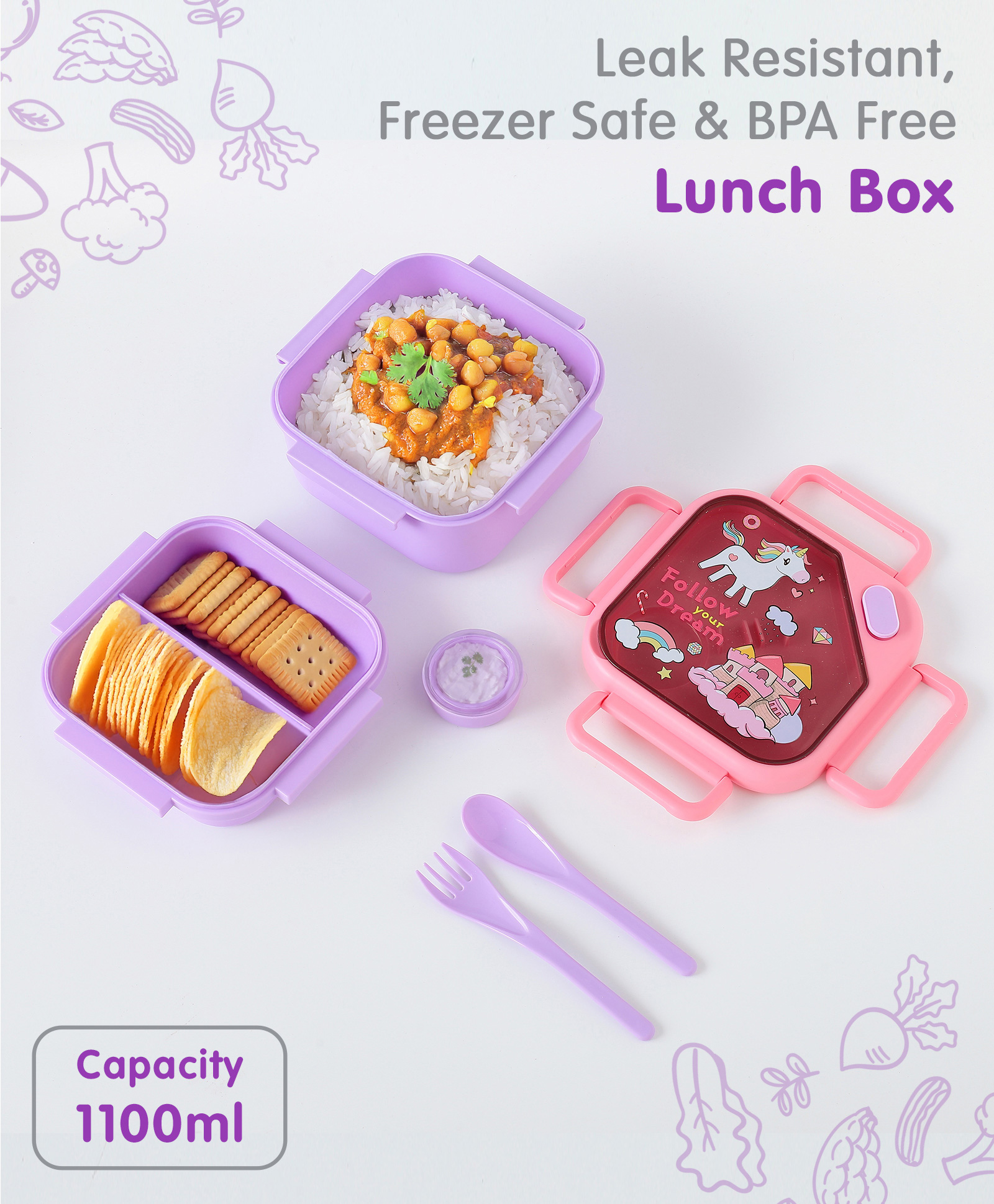 Freezer & Leak Proof Lunch Boxwith Unicorn Print - Pink-image-42