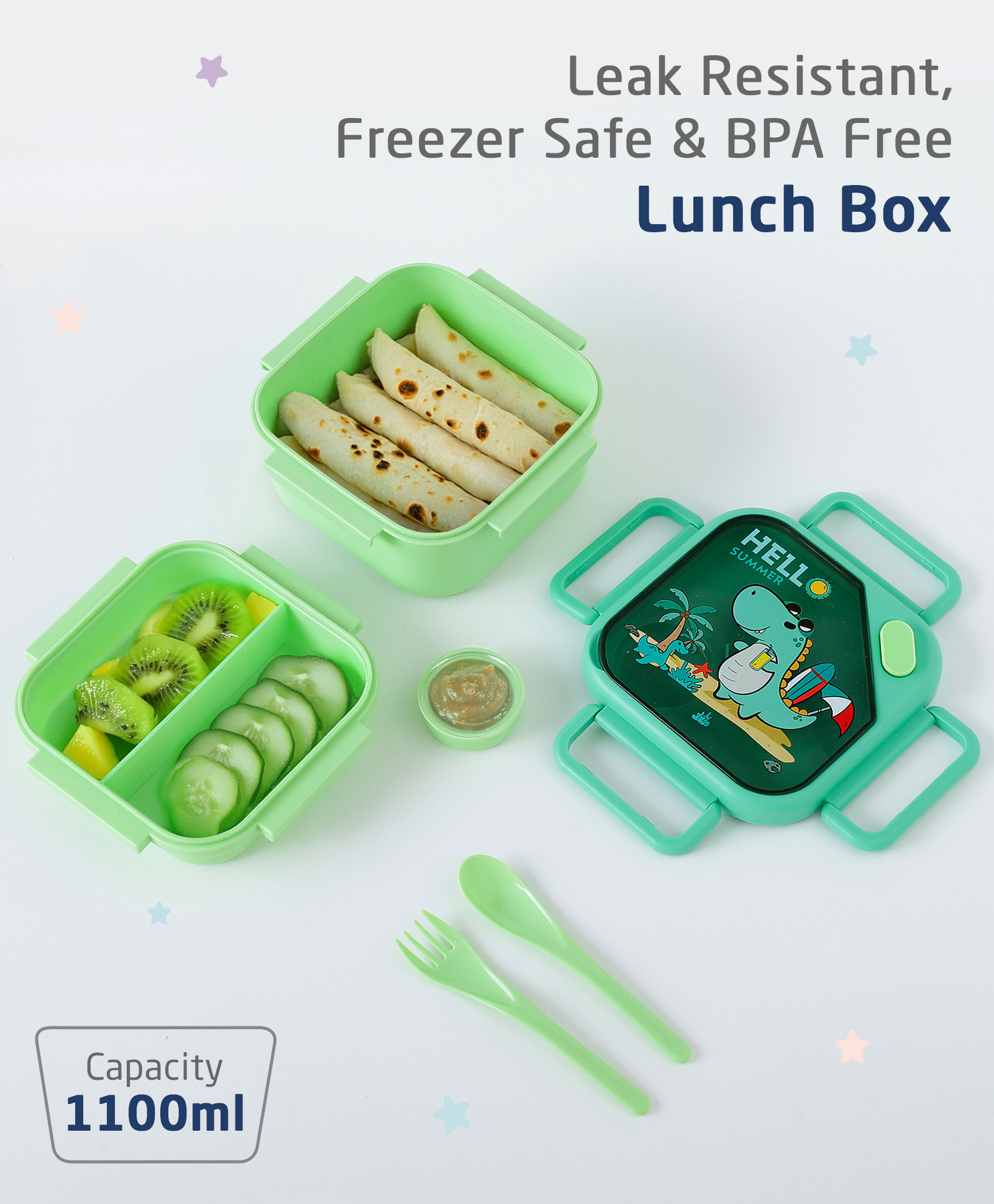 ZOE Freezer & Leak Proof Lunch Box with Dino Print - Green-picture-16