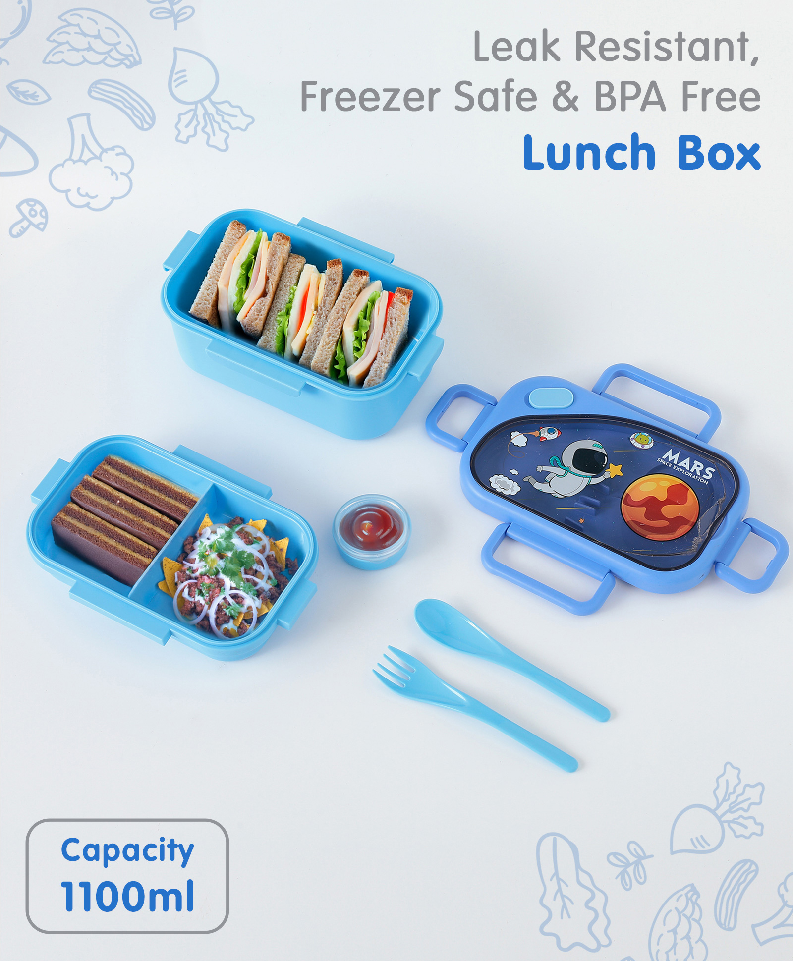 Freezer & Leak Proof Lunch Box with Astronaut & Planet Print - Blue-image-3