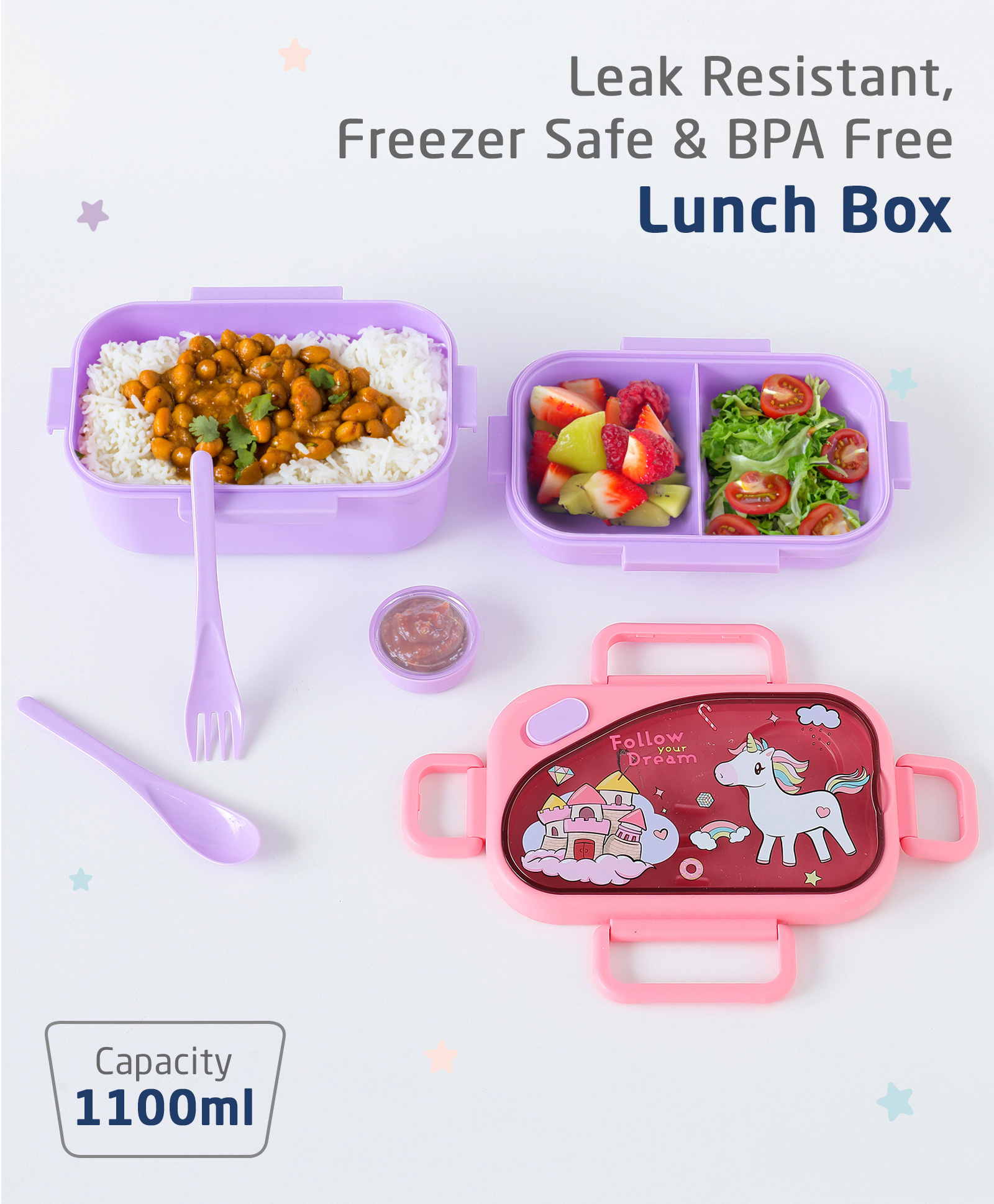 ZOE Freezer & Leak Proof Lunch Box with Unicorn Print- Pink-picture-24