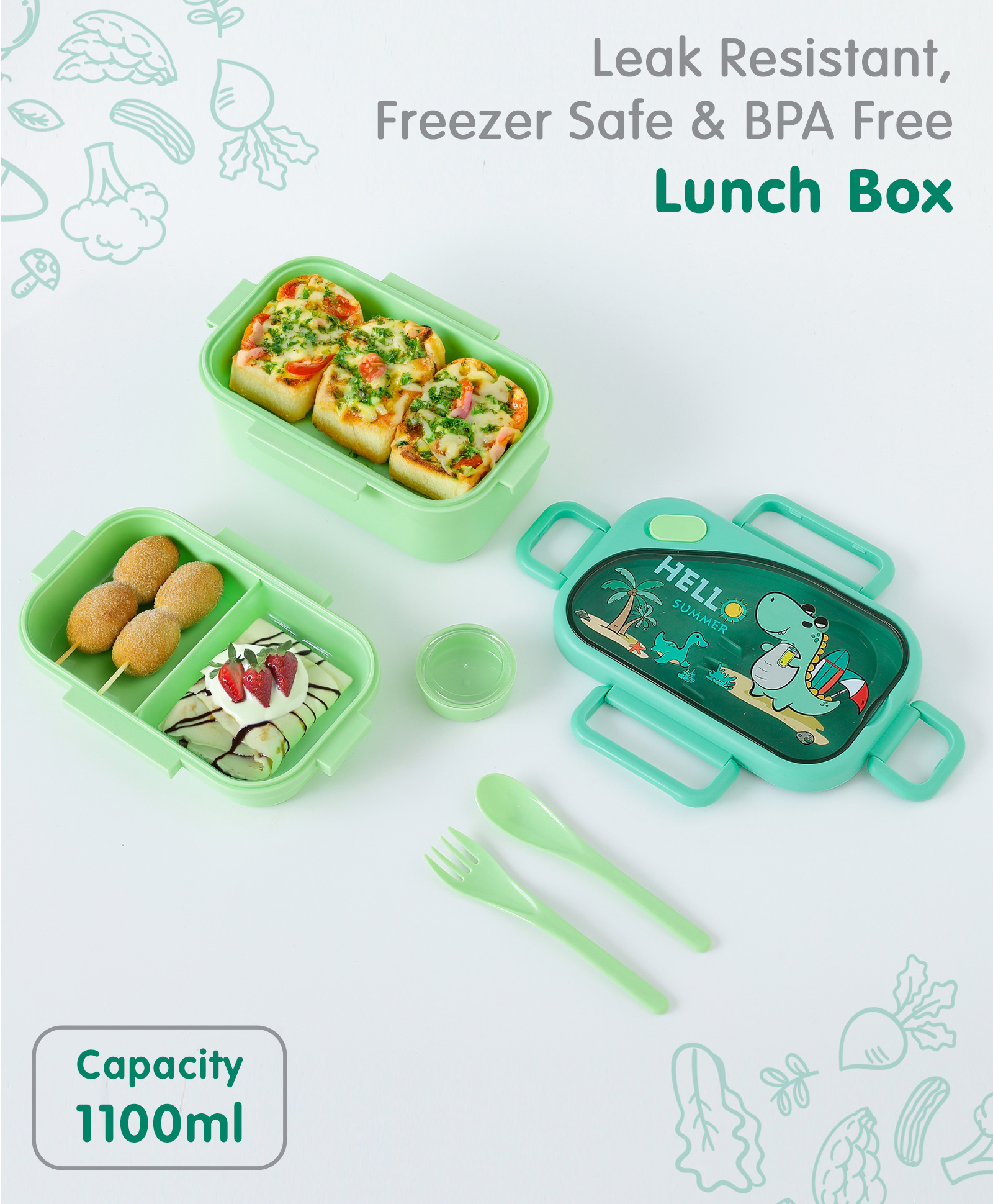 fab n funky Leak Proof Dino Print Lunch Box - Green-picture-18