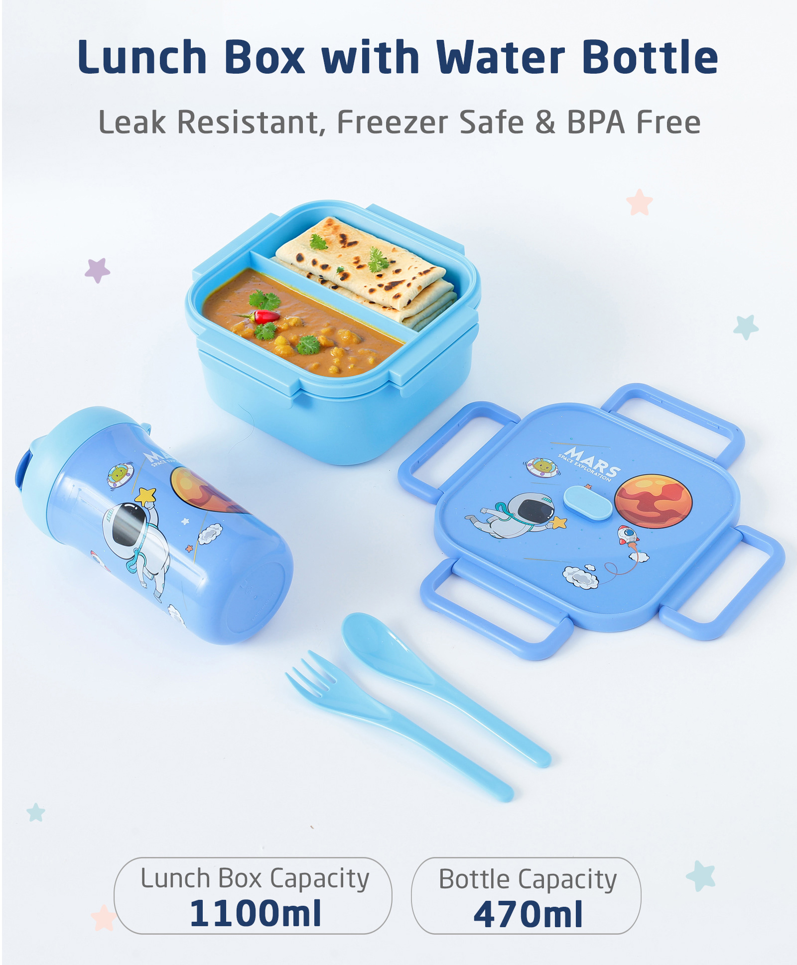 ZOE Leak-Proof & Freezer Safe Lunch Box with Water Bottle Space Theme Print - Blue-picture-18