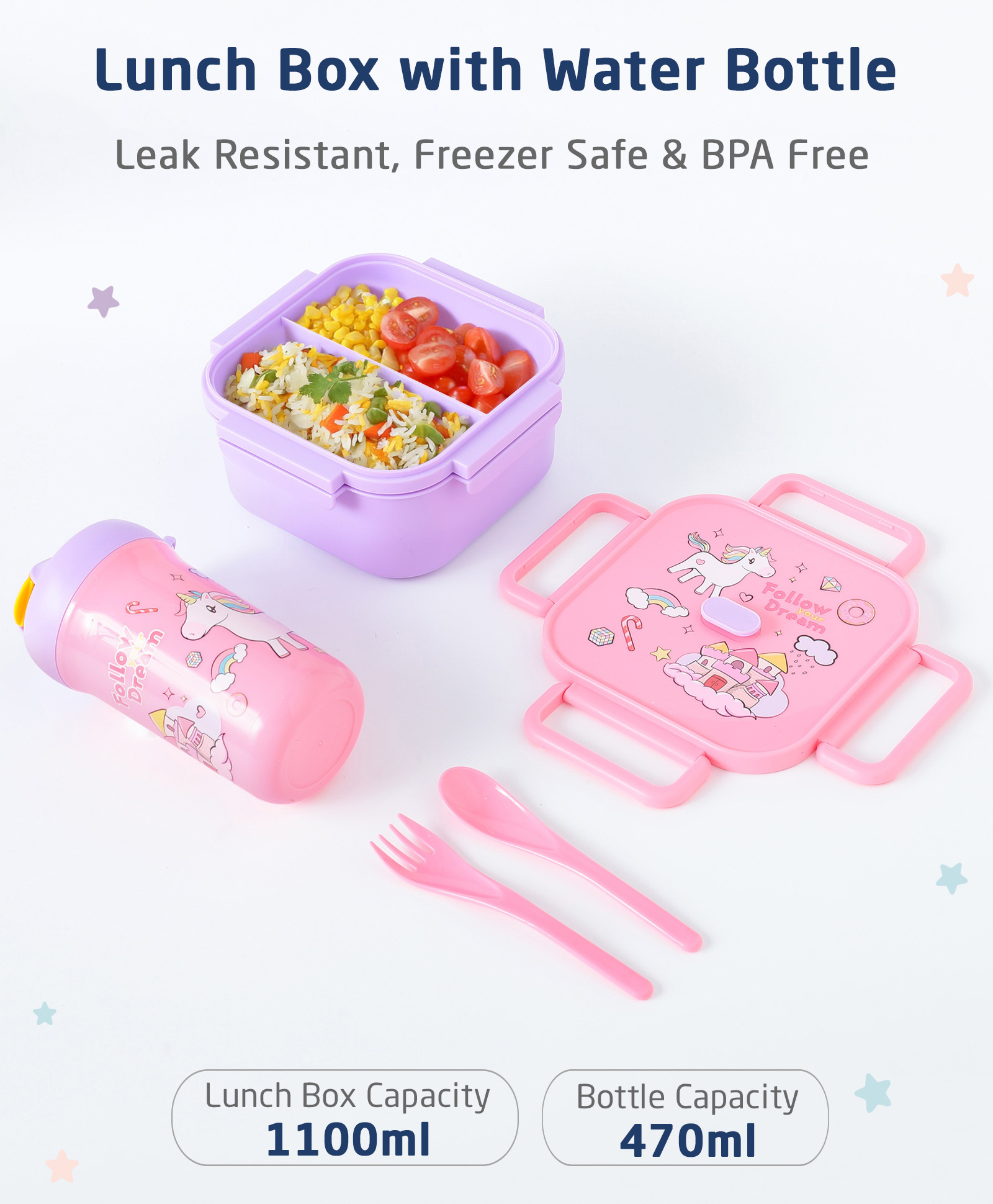 ZOE Leak-Proof & Freezer Safe Lunch Box with Water Bottle Unicorn Print - Pink-picture-35