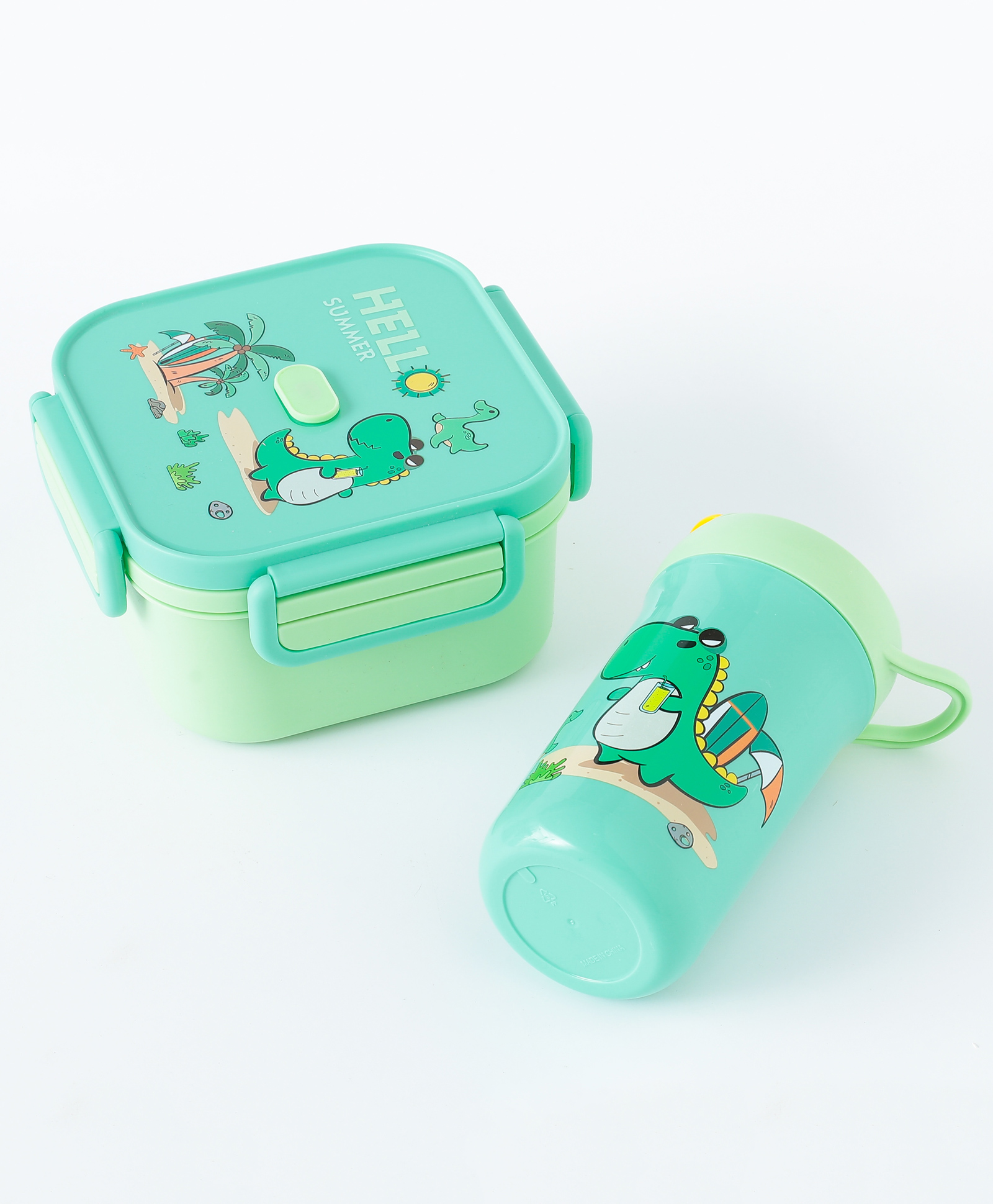 Freezer & Leak Proof Lunch Box Set with Water Bottle & Dino Print - Green-image-29