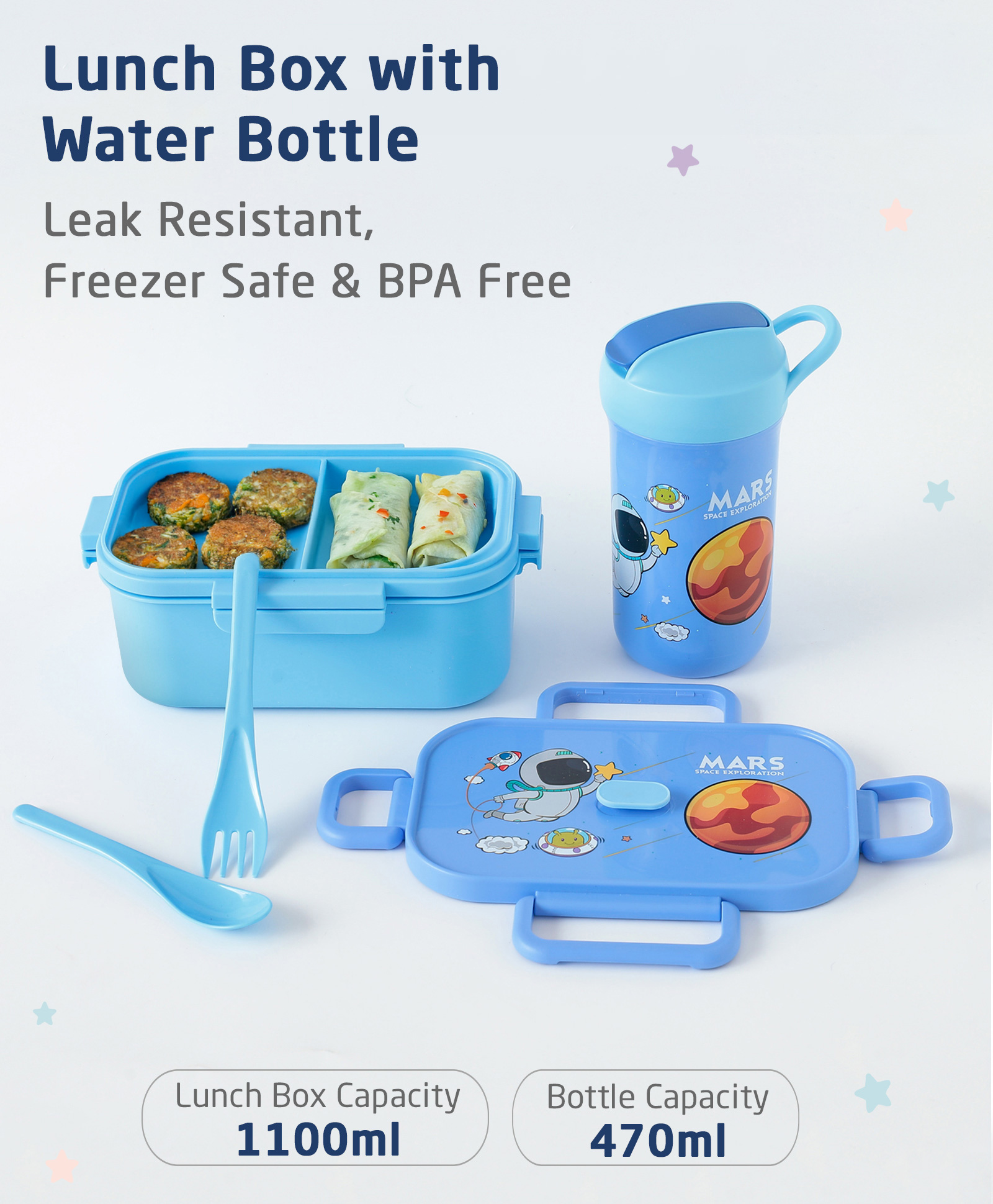 ZOE Freezer & Leak Proof Lunch Box Set with Water Bottle & Astronaut Print - Blue-image-16
