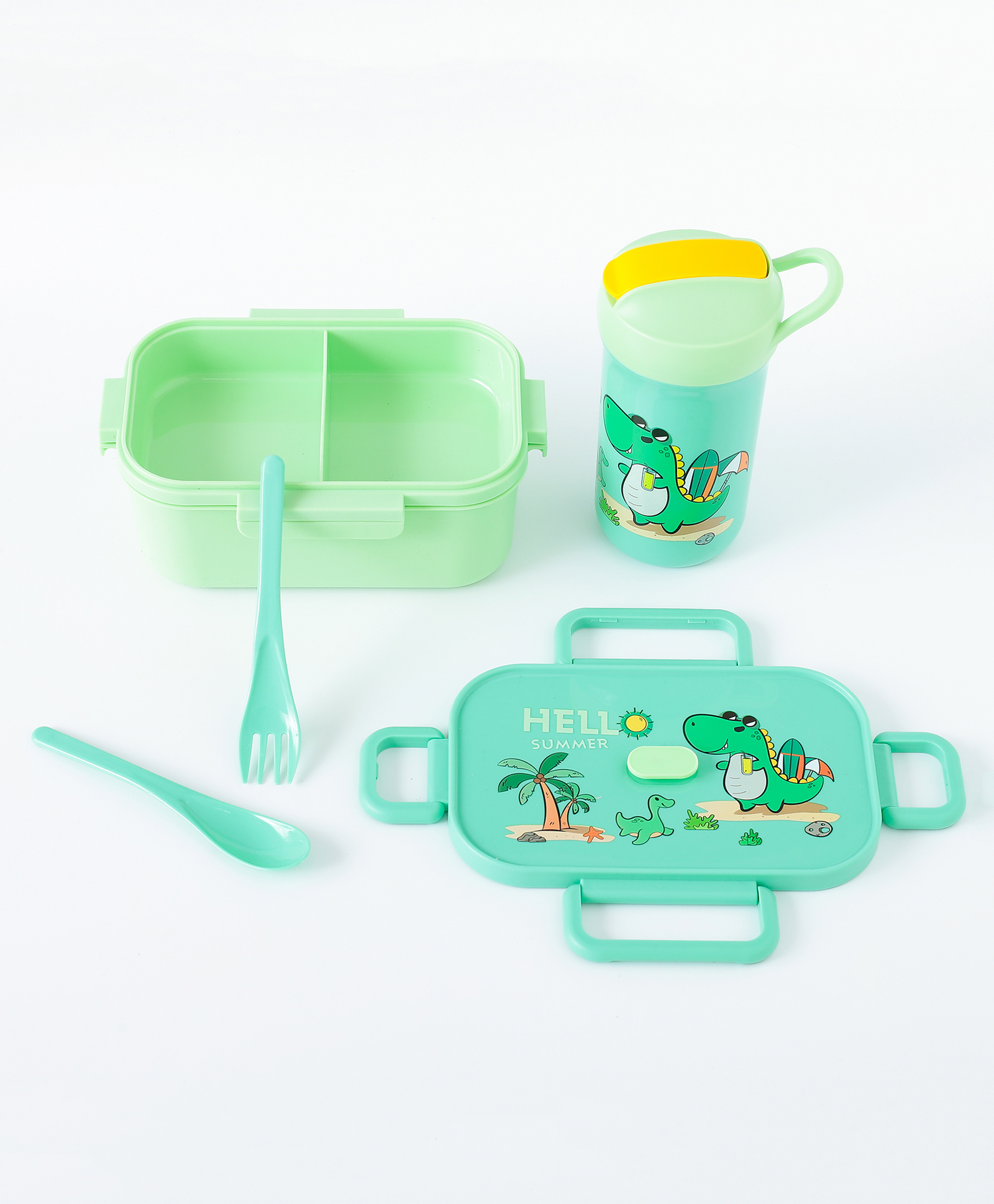 Freezer & Leak Proof Lunch Box Set with Water Bottle & Dino Print - Green-image-37
