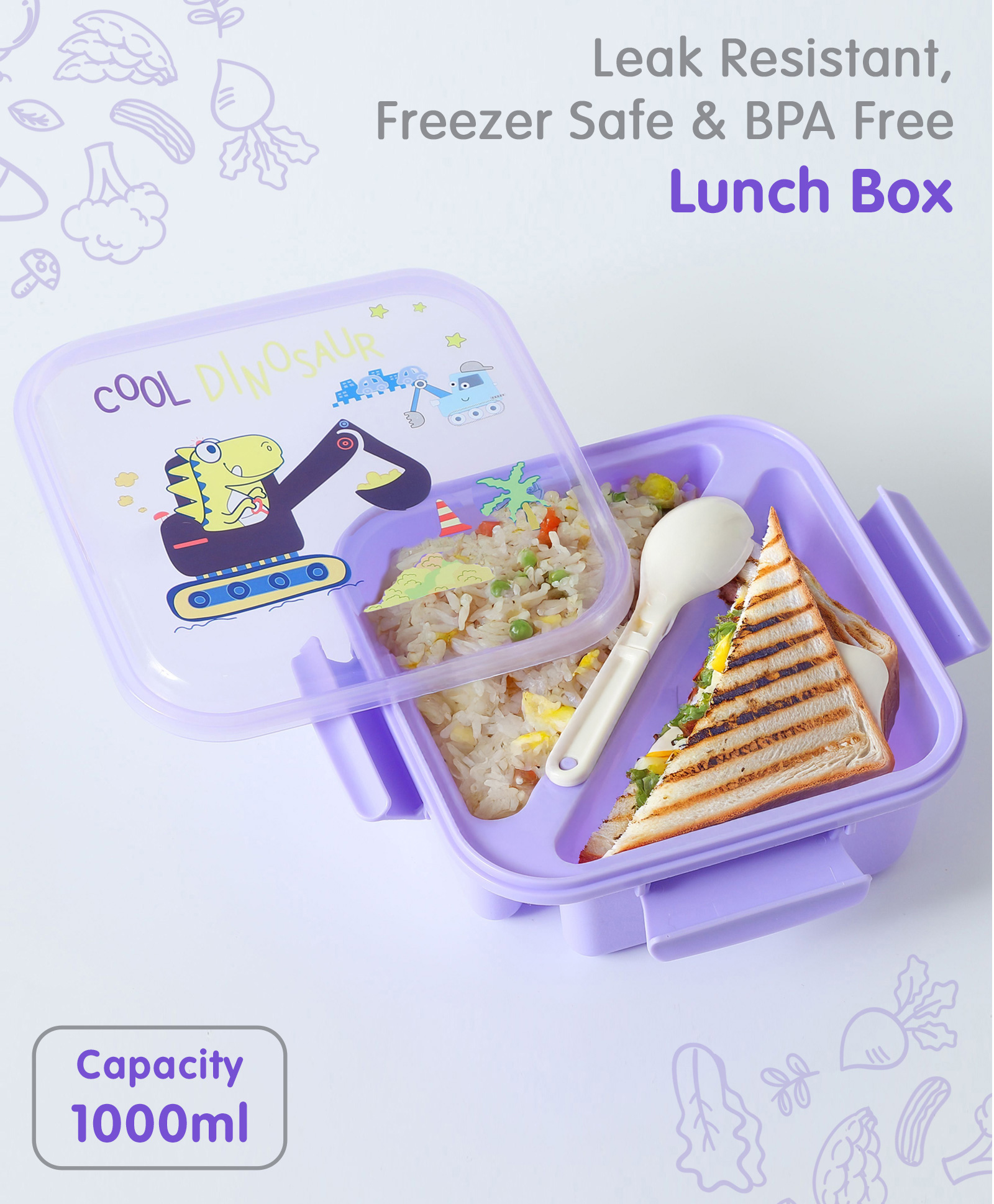fab n funky Portable Lunch Box with Fork and Spoon Dino Print - Purple-picture-25