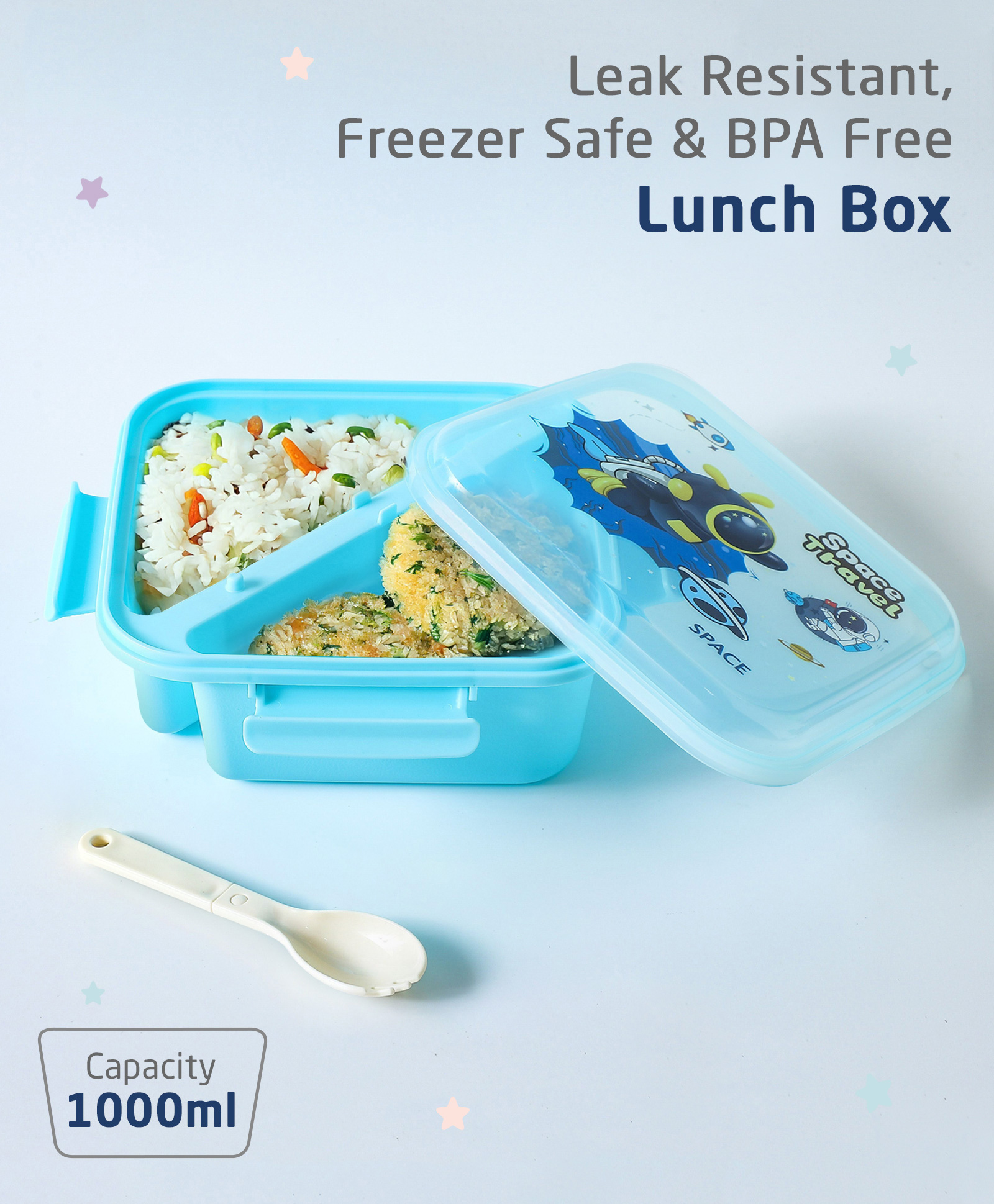 Zoe Portable Lunch Box with Fork and Spoon Space Theme Print - Light Blue-picture-6