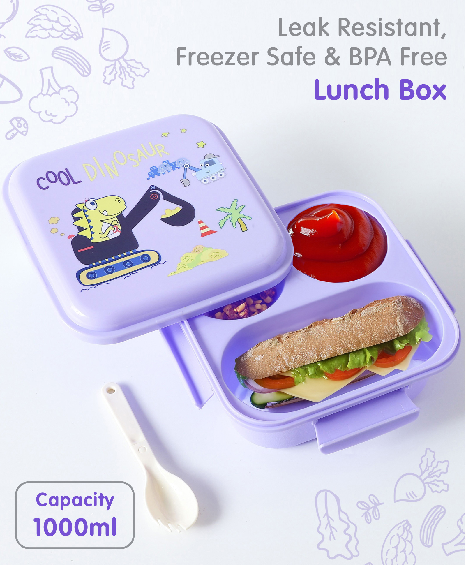 fab n funky Portable Lunch Box with Fork and Spoon Dino Print - Purple-picture-32