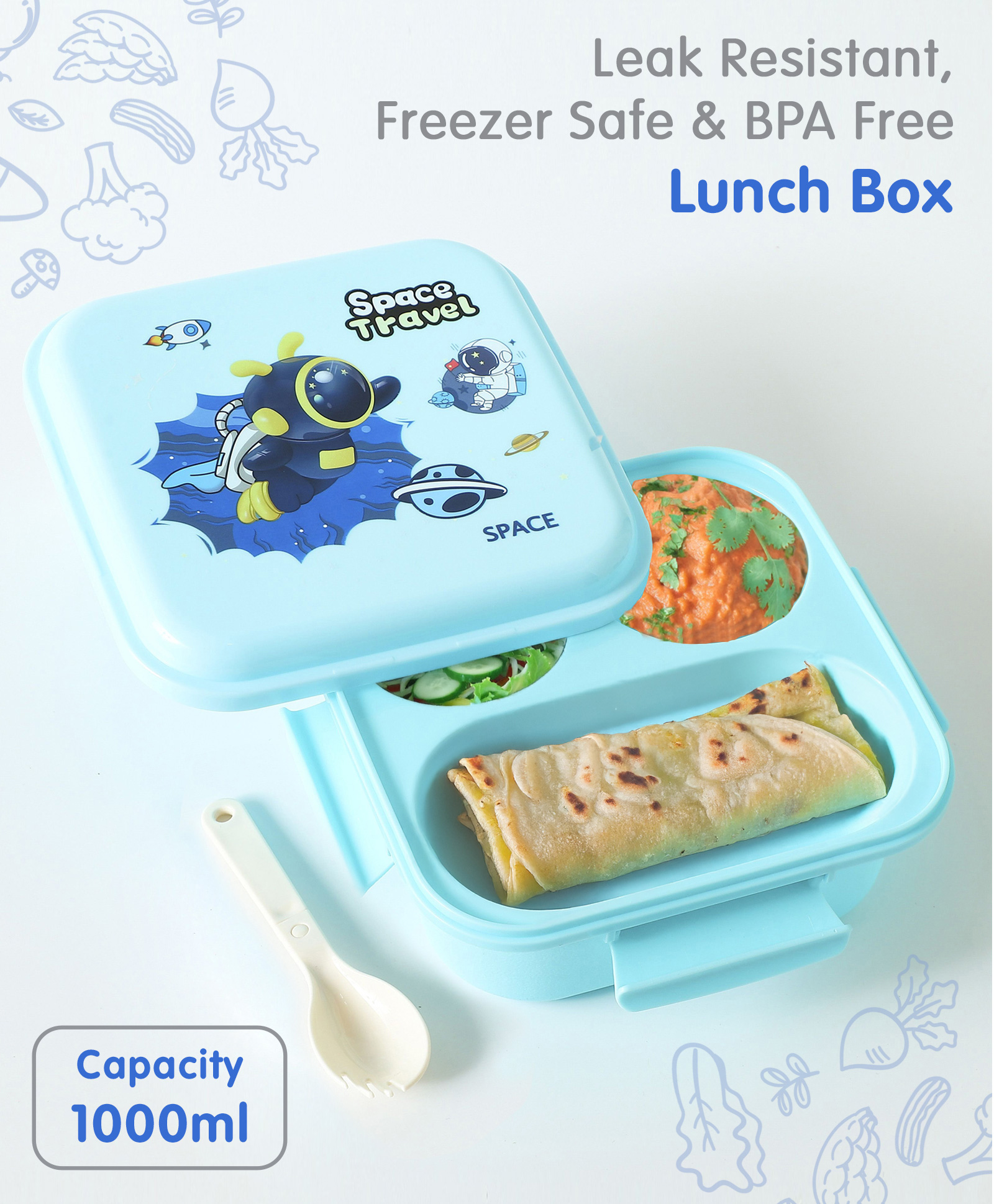 Portable Lunch Box with Fork and Spoon Space Theme Print - Light Blue-image-6