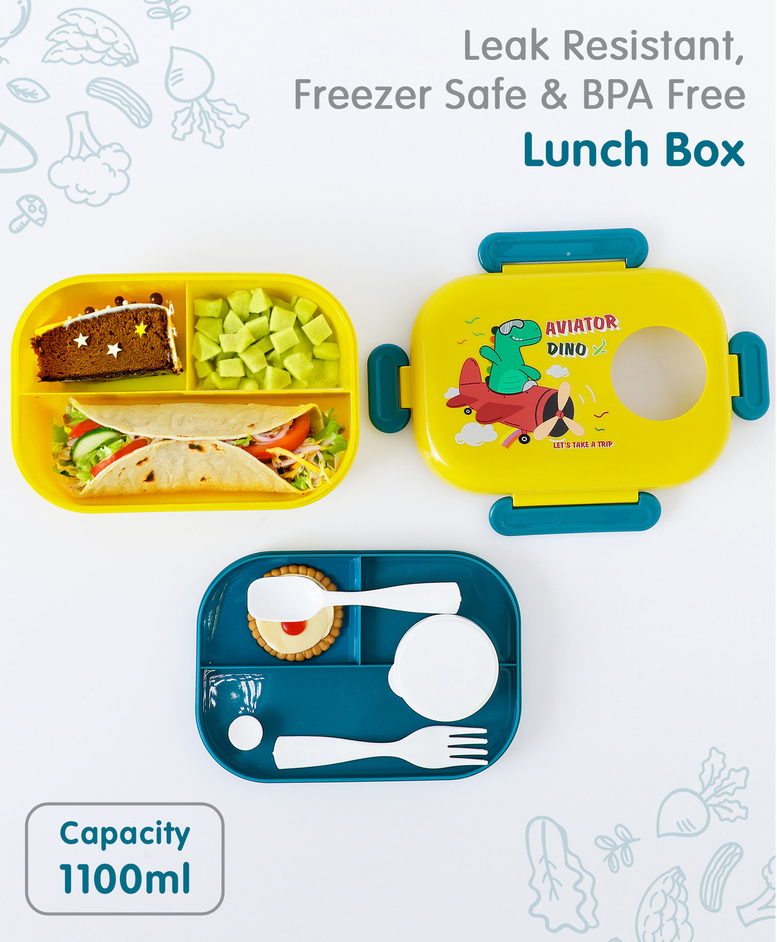Freezer & Leak Proof Lunch Box with Dino Print - Yellow Green-image-49