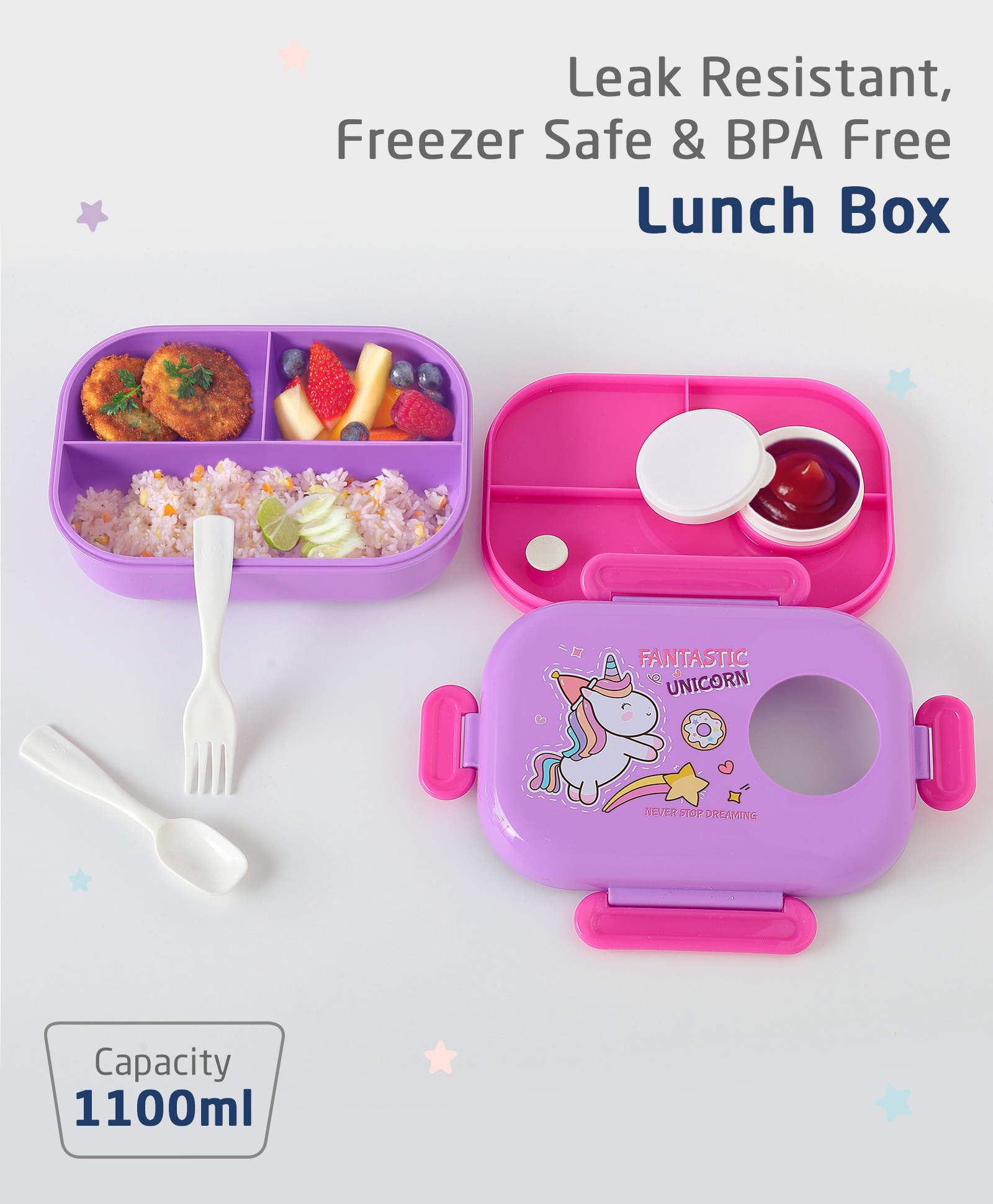 ZOE Portable Lunch Box With Spoon and Fork Unicorn Print - Purple-picture-32