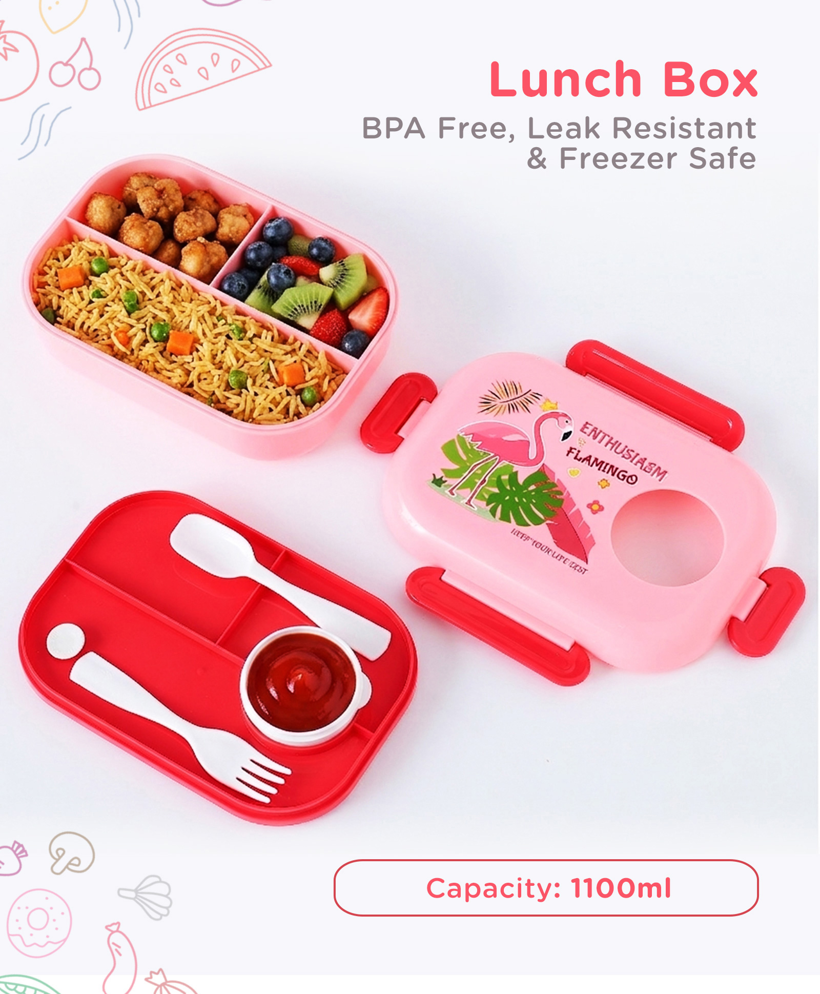 Freezer & Leak Proof Lunch Box with Flamingo Print - Pink-image-42