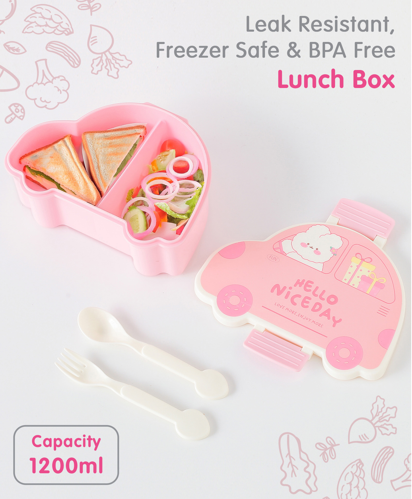 Leak Proof Car Shape Bunny Print Lunch Box - Pink-image-34