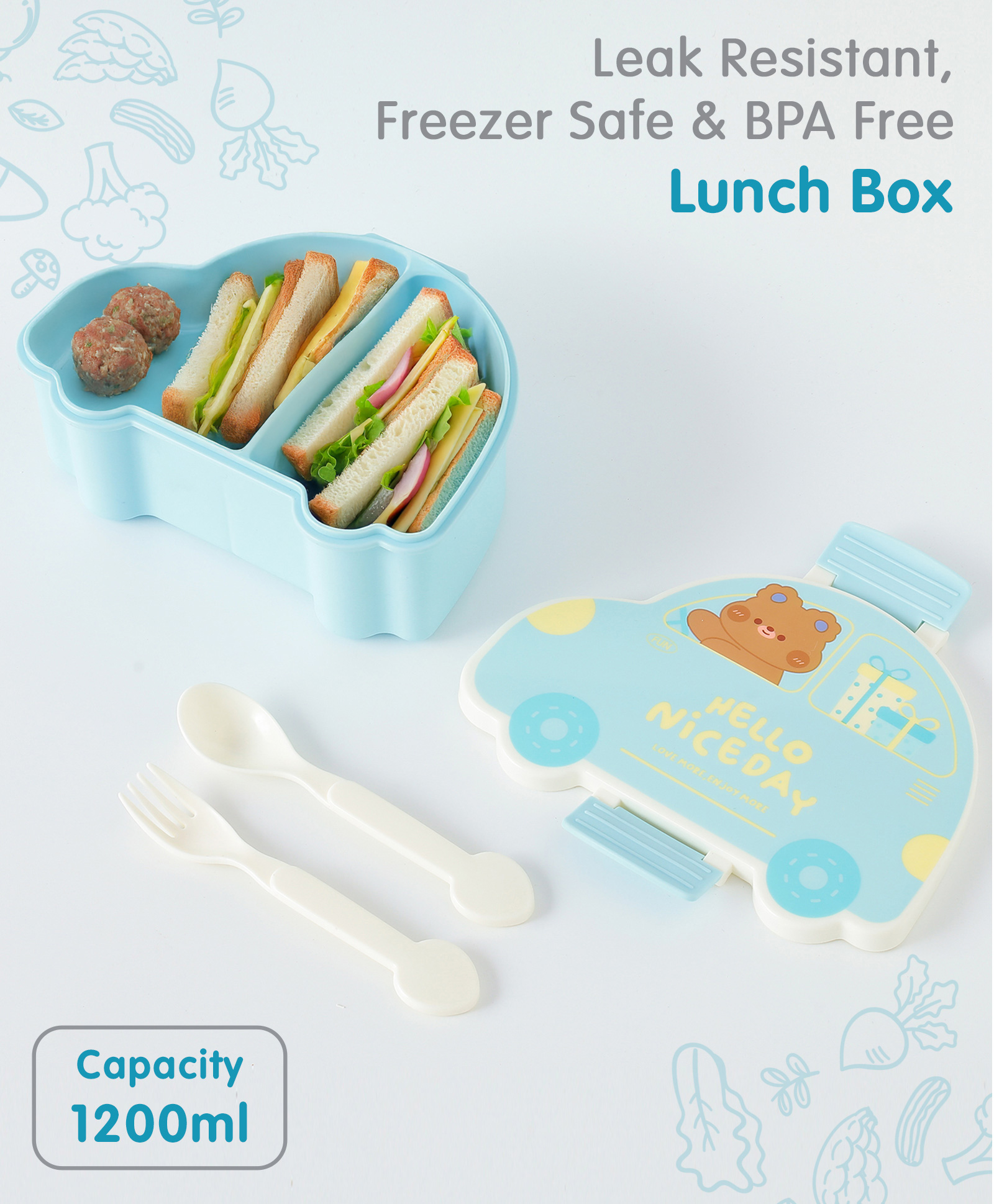Freezer & Leak Proof Lunch Box with Bear Print - Blue-image-28