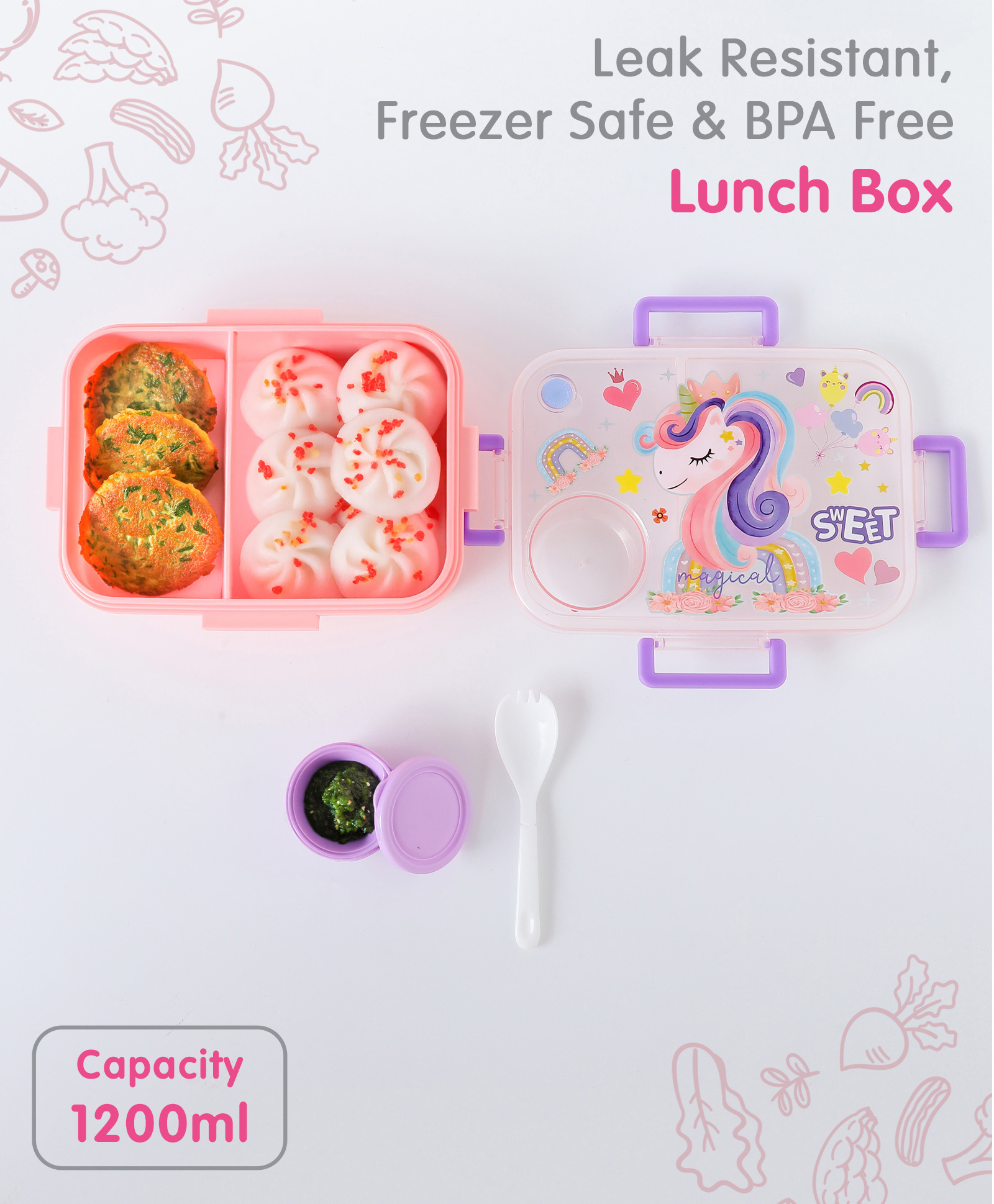 Leak-Proof & Freezer Safe Unicorn Printed Lunch Box - Pink-image-17
