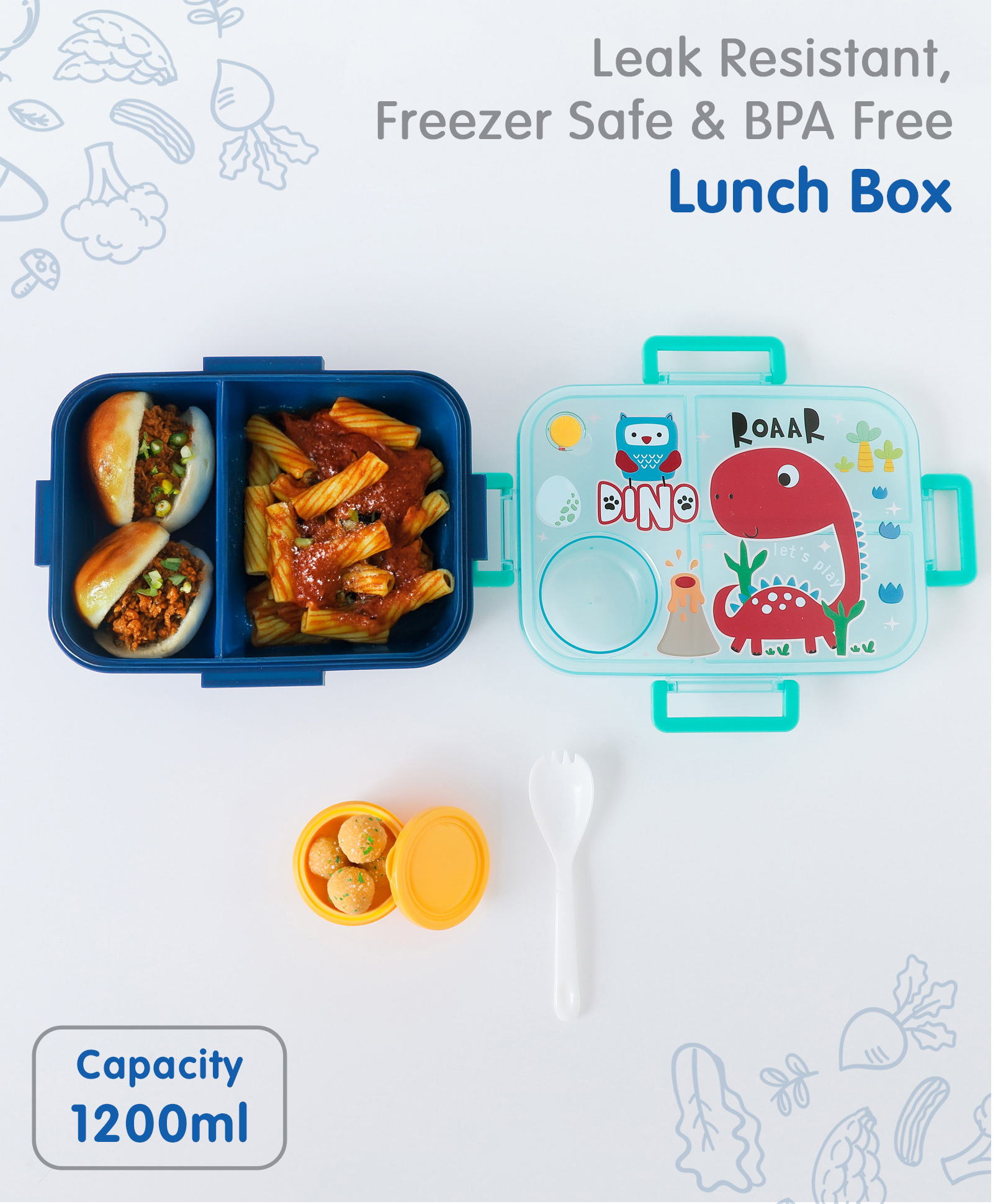 fab n funky Leak-Proof & Freezer Safe Dino Printed Lunch Box - Blue-picture-19