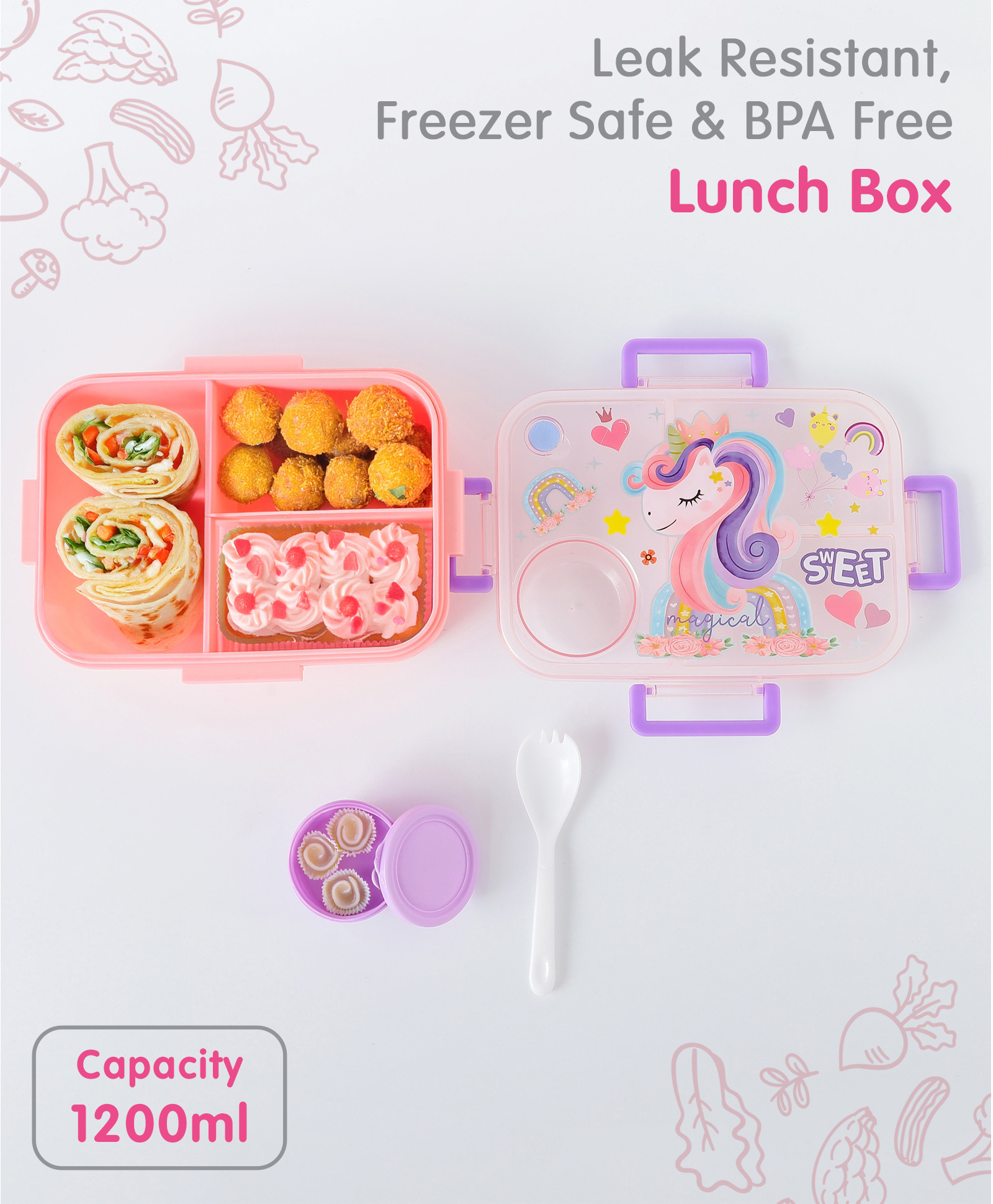 Freezer & Leak Proof Lunch Box with Unicorn Print - Pink