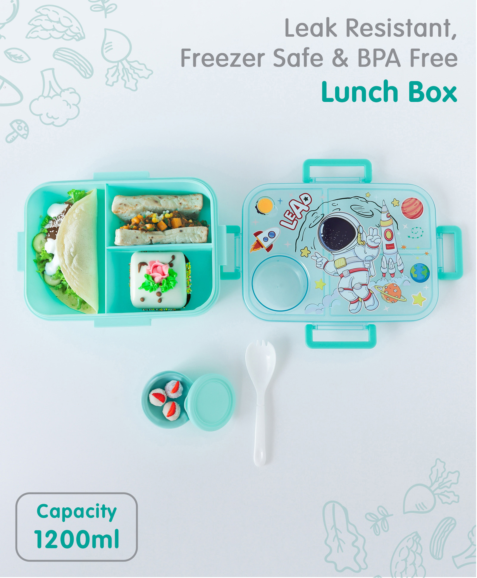 fab n funky Freezer & Leak Proof Lunch Box with Astronaut Print - Light Green-picture-29