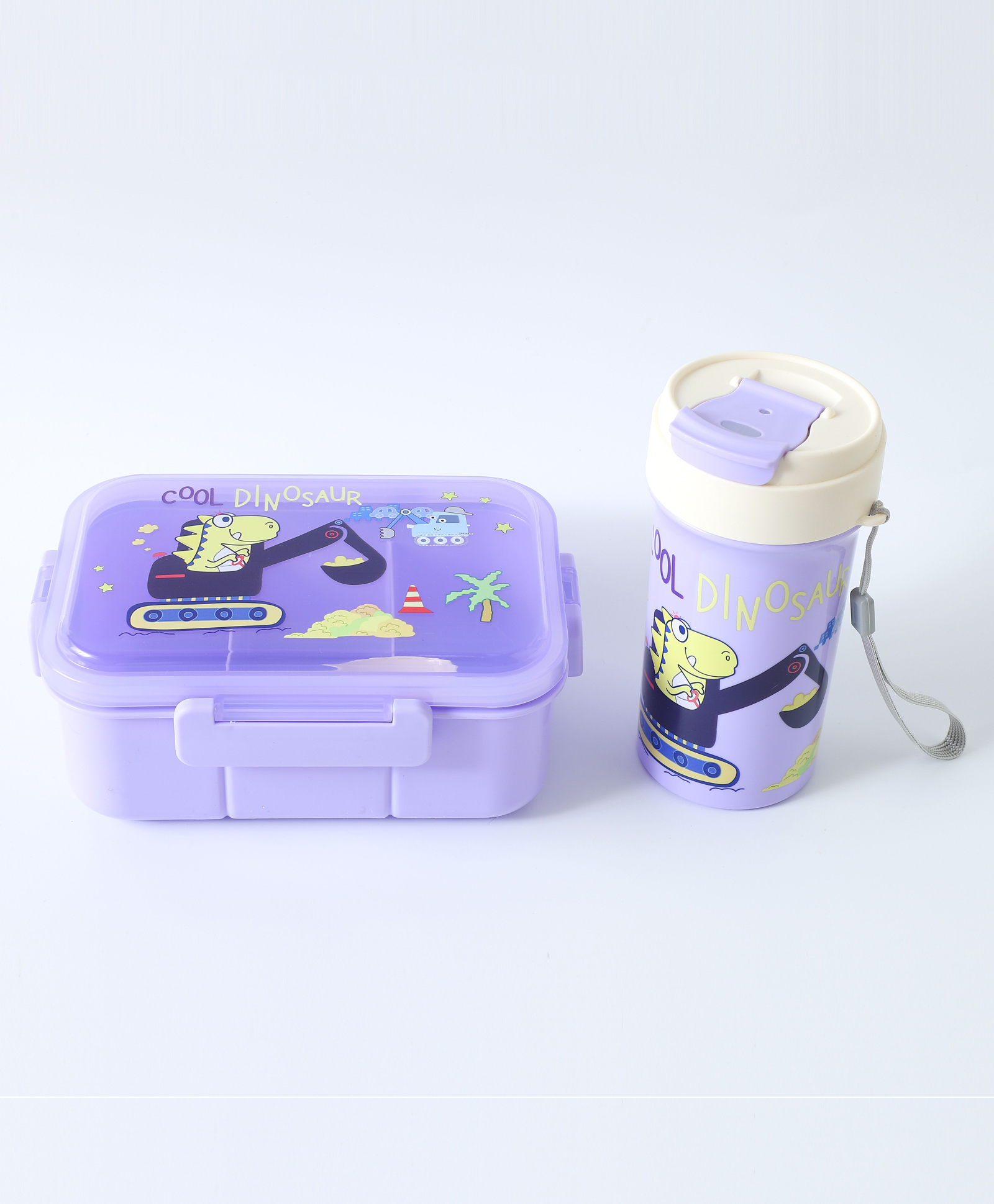 Lunch Box Set with Water Bottle & Dino Print - Purple-image-1