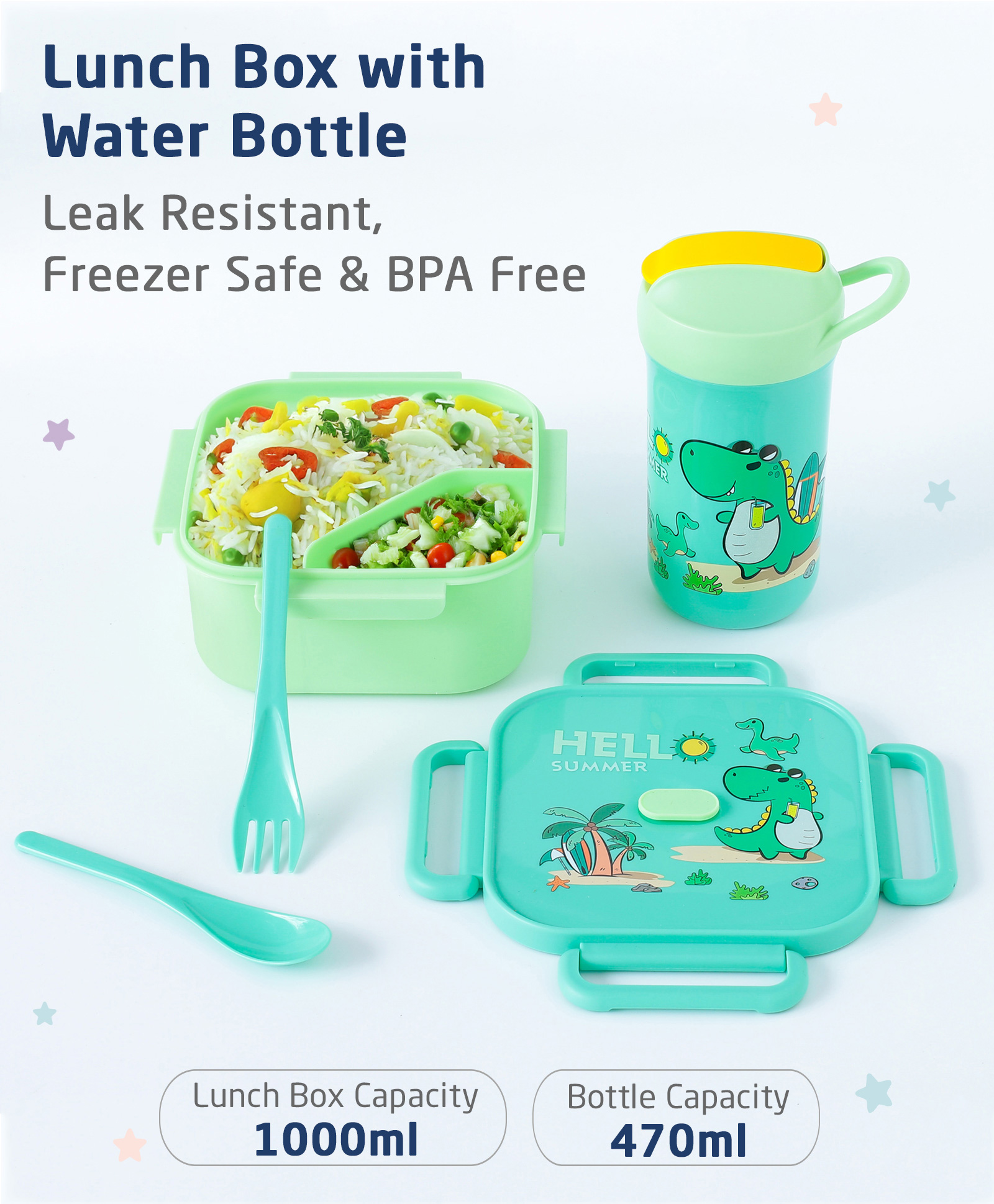 ZOE Freezer And Leak Proof Lunch Box Set With Water Bottle Car Print - Turquoise-picture-46