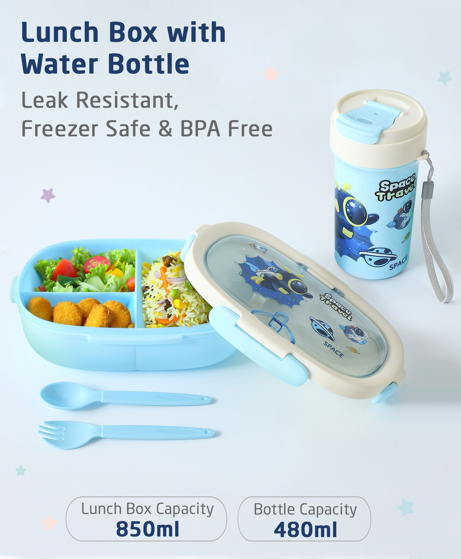 ZOE Freezer & Leak Proof Lunch Box Set with Water Bottle & Space Theme Print - Blue-image-39