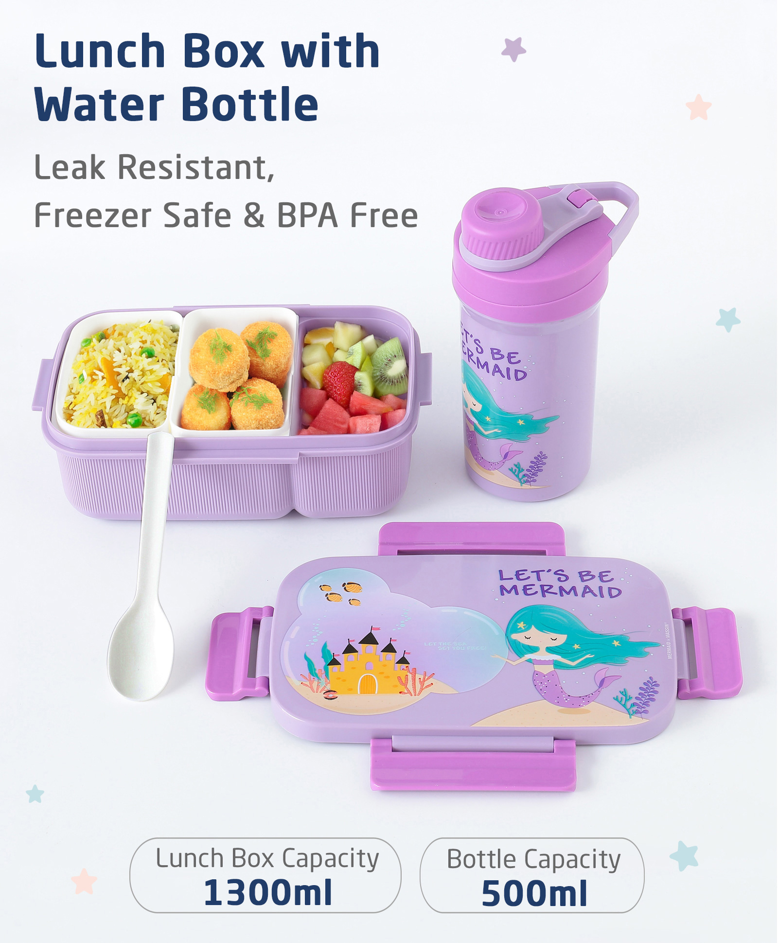 ZOE Leak-Proof & Freezer Safe Lunch Box with Water Bottle Mermaid Print - Purple-image-45