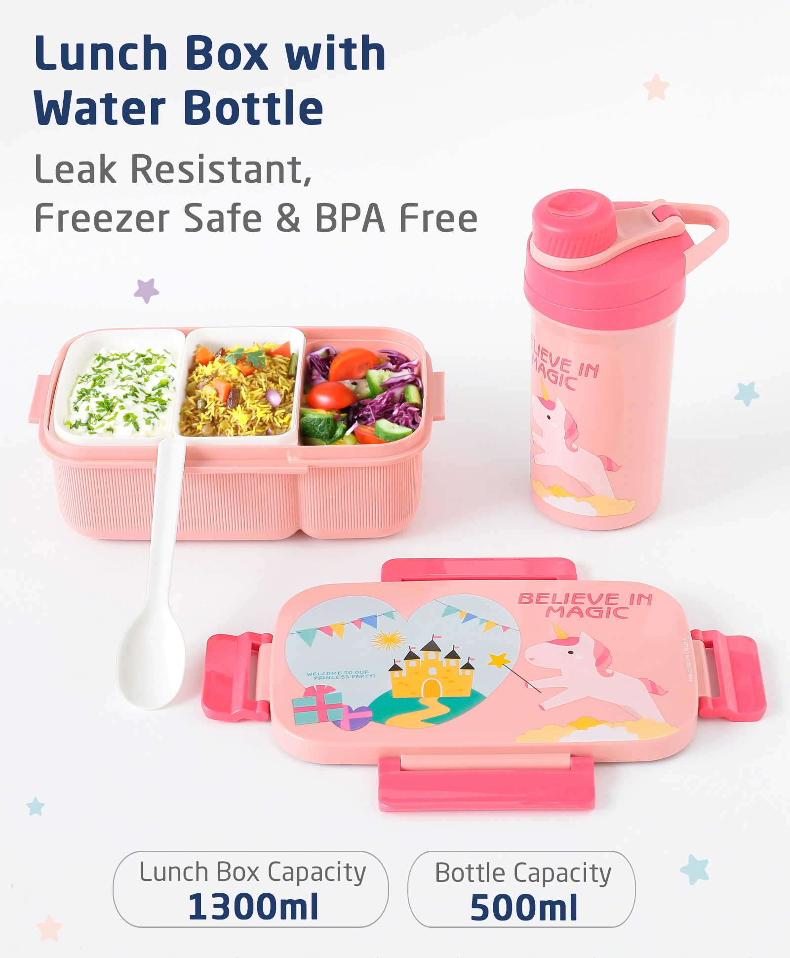 ZOE Leak-Proof & Freezer Safe Lunch Box with Water Bottle Unicorn Print - Pink-picture-3