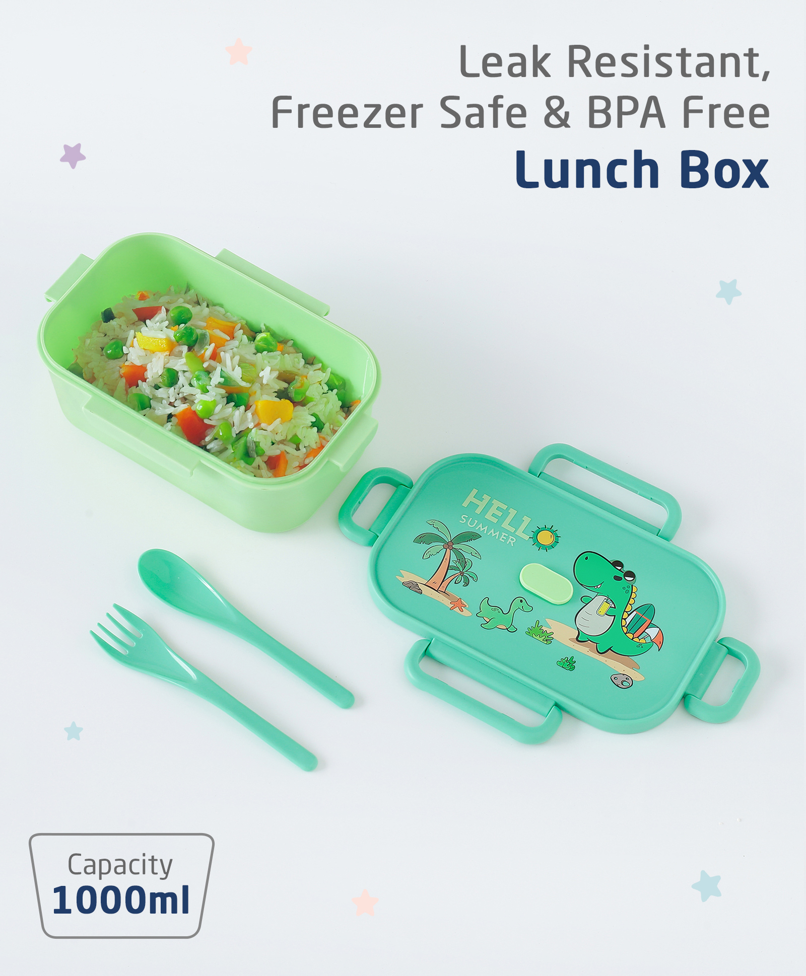 ZOE Lunch Box with Spoon Fork & Dino Print - Green-image-49