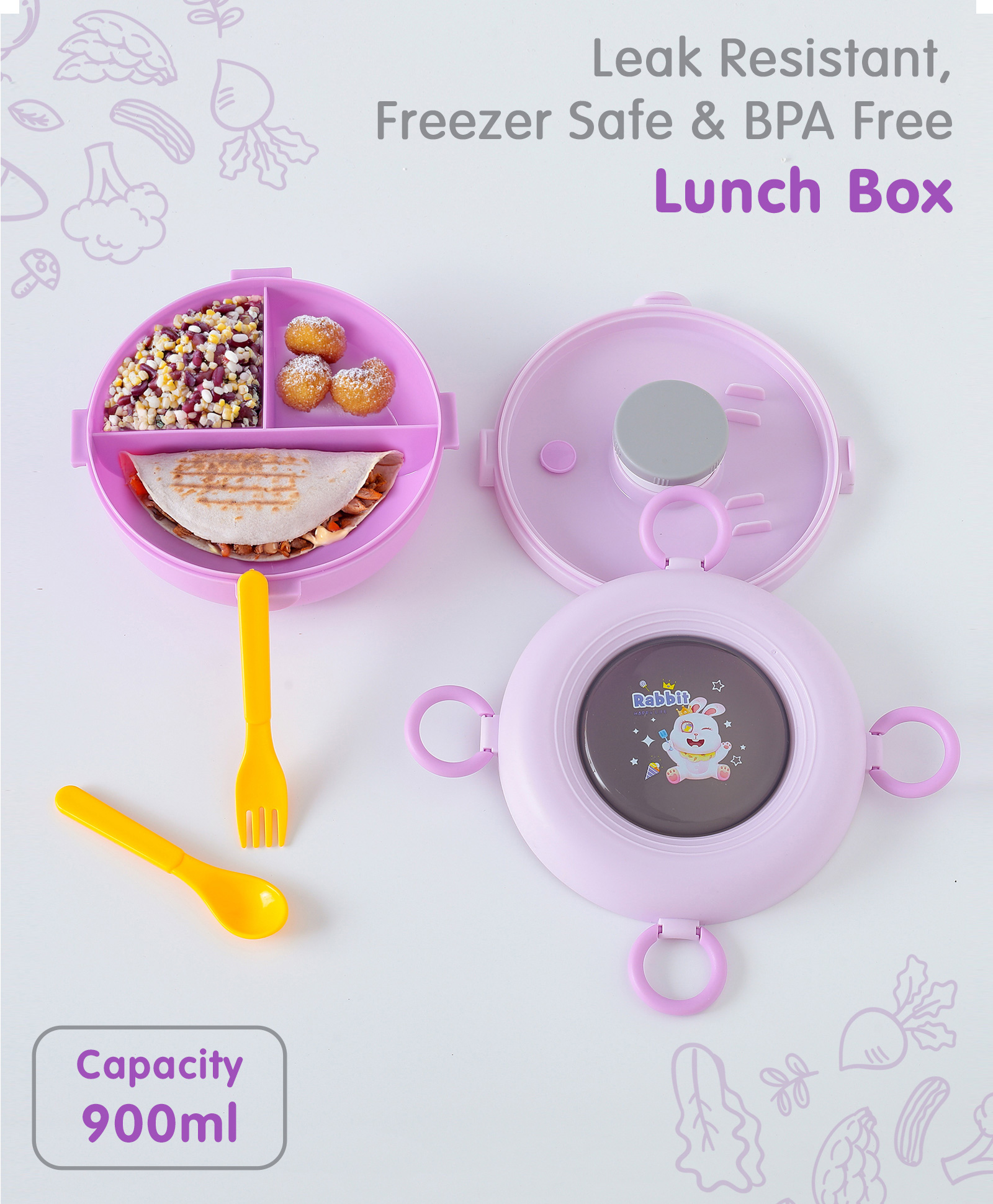 Leak-Proof & Freezer Safe Lunch Box with Bunny Print - Purple-image-48