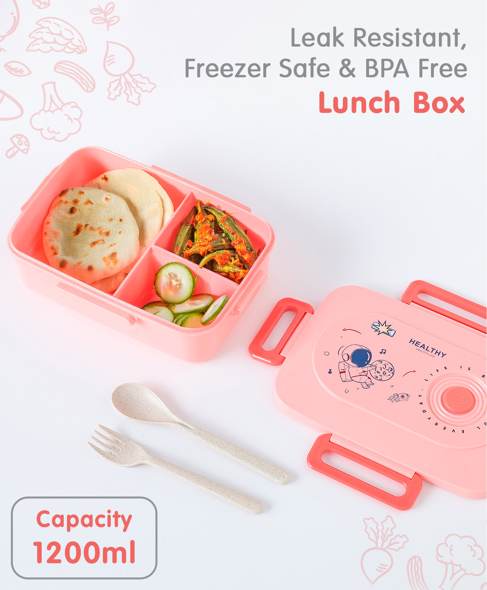 Freezer & Leak Proof Lunch Box with Space Theme Print - Pink-image-8