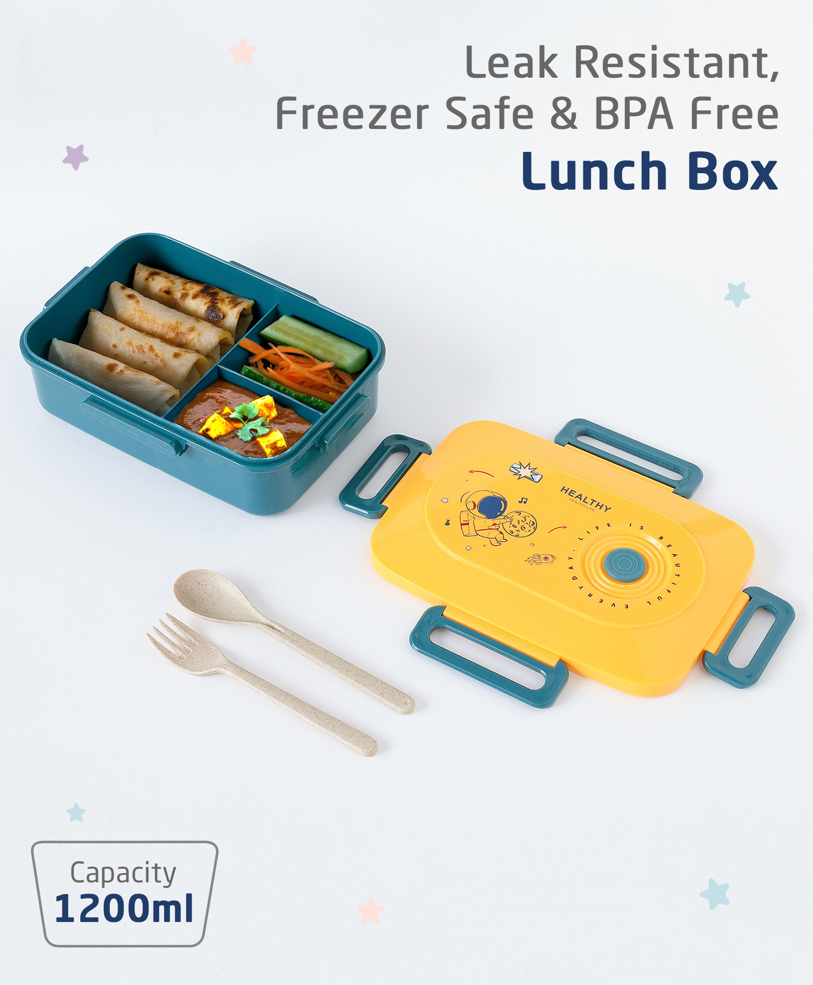 ZOE Portable Lunch Box With Spoon and Fork Space Theme Print - Yellow-image-42