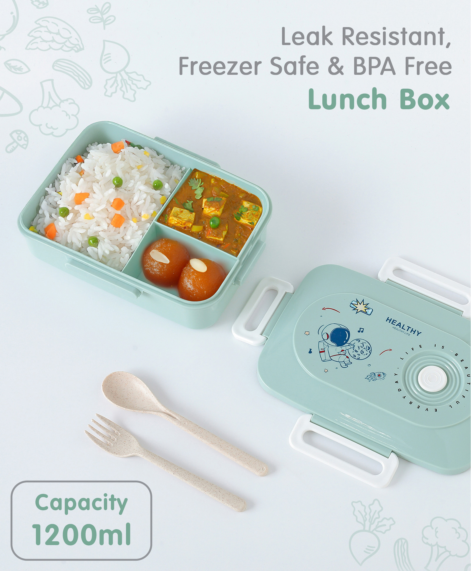 Freezer & Leak Proof Lunch Box with Space Theme Print - Mint-image-44