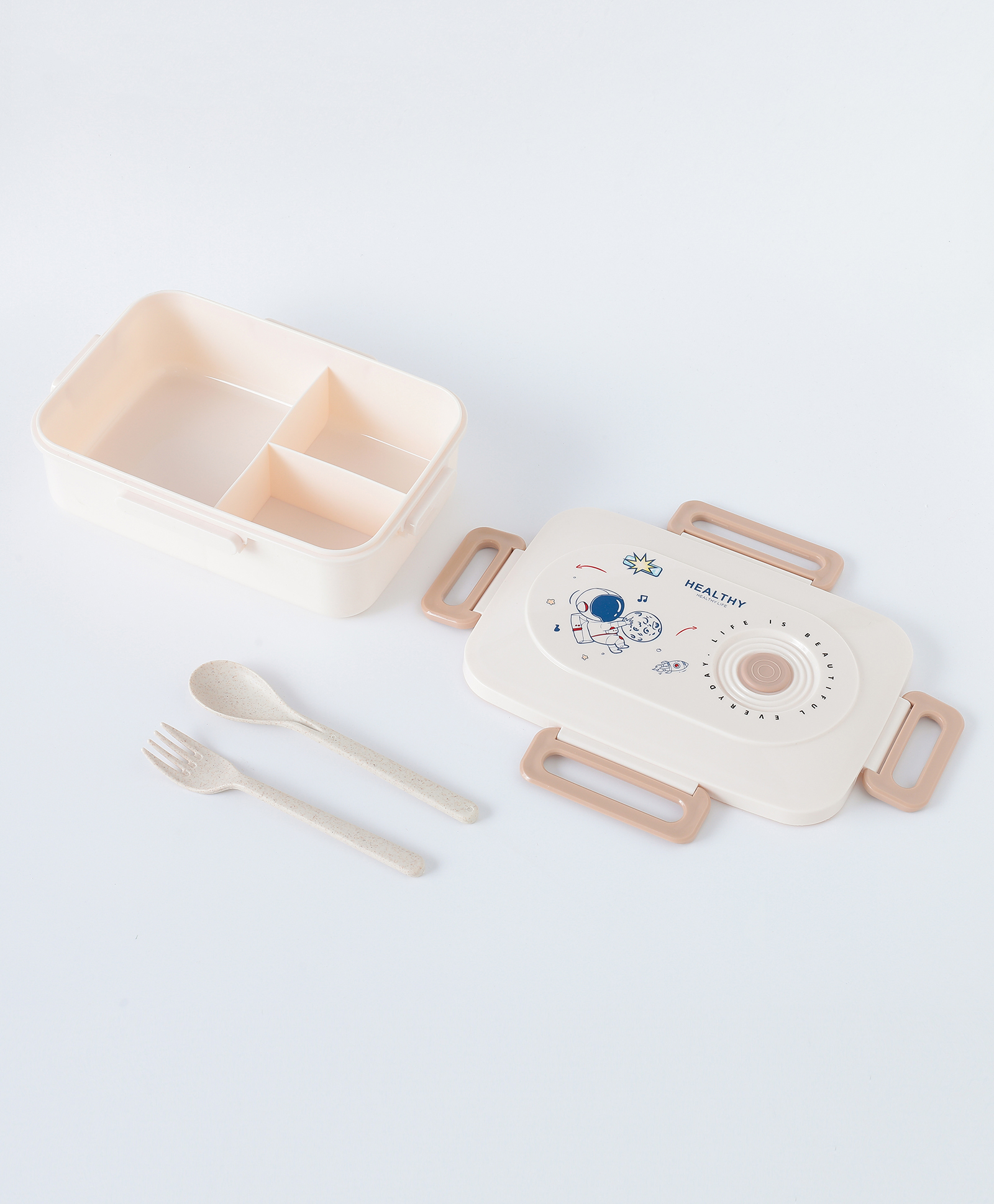 ZOE Portable Lunch Box With Spoon and Fork Space Theme Print - Peach-picture-47