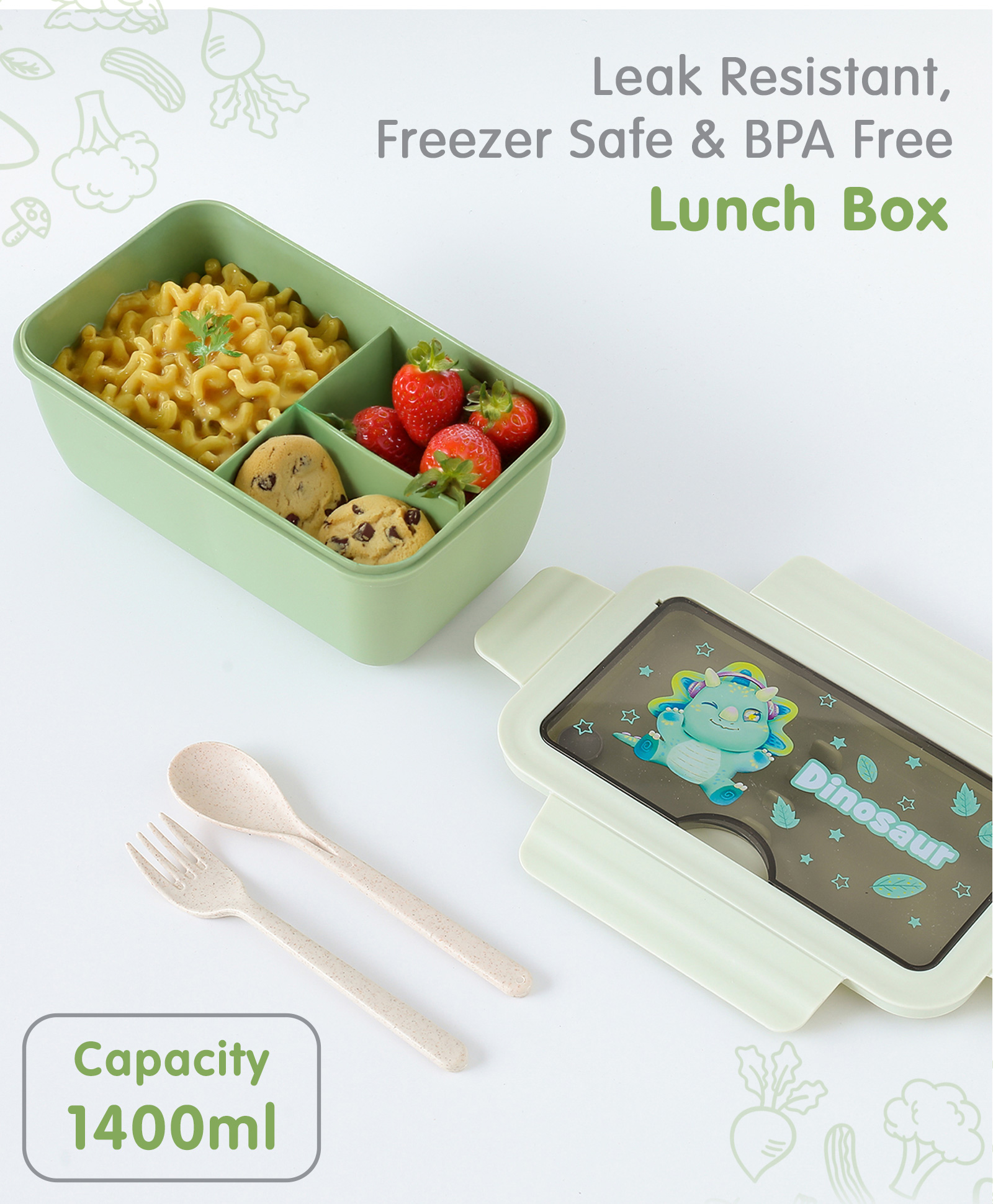 fab n funky Freezer & Leak Proof Lunch Box with Dino Print - Green-picture-36