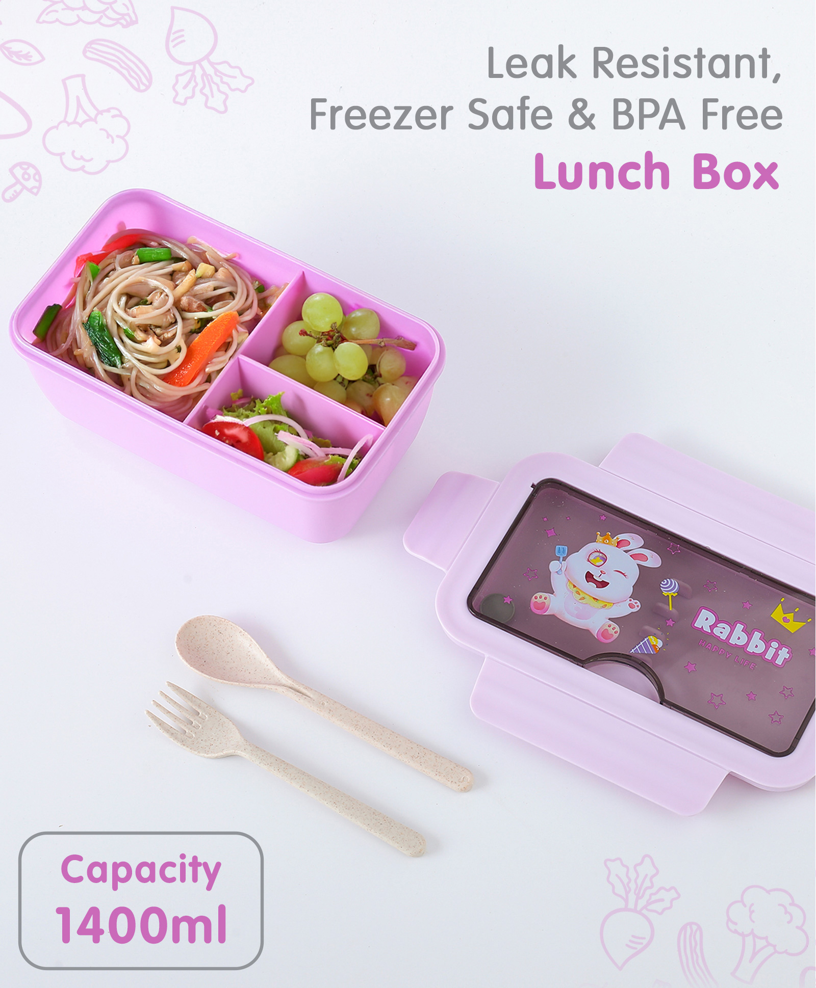 Freezer & Leak Proof Lunch Box with Rabbit Print - Purple-image-27
