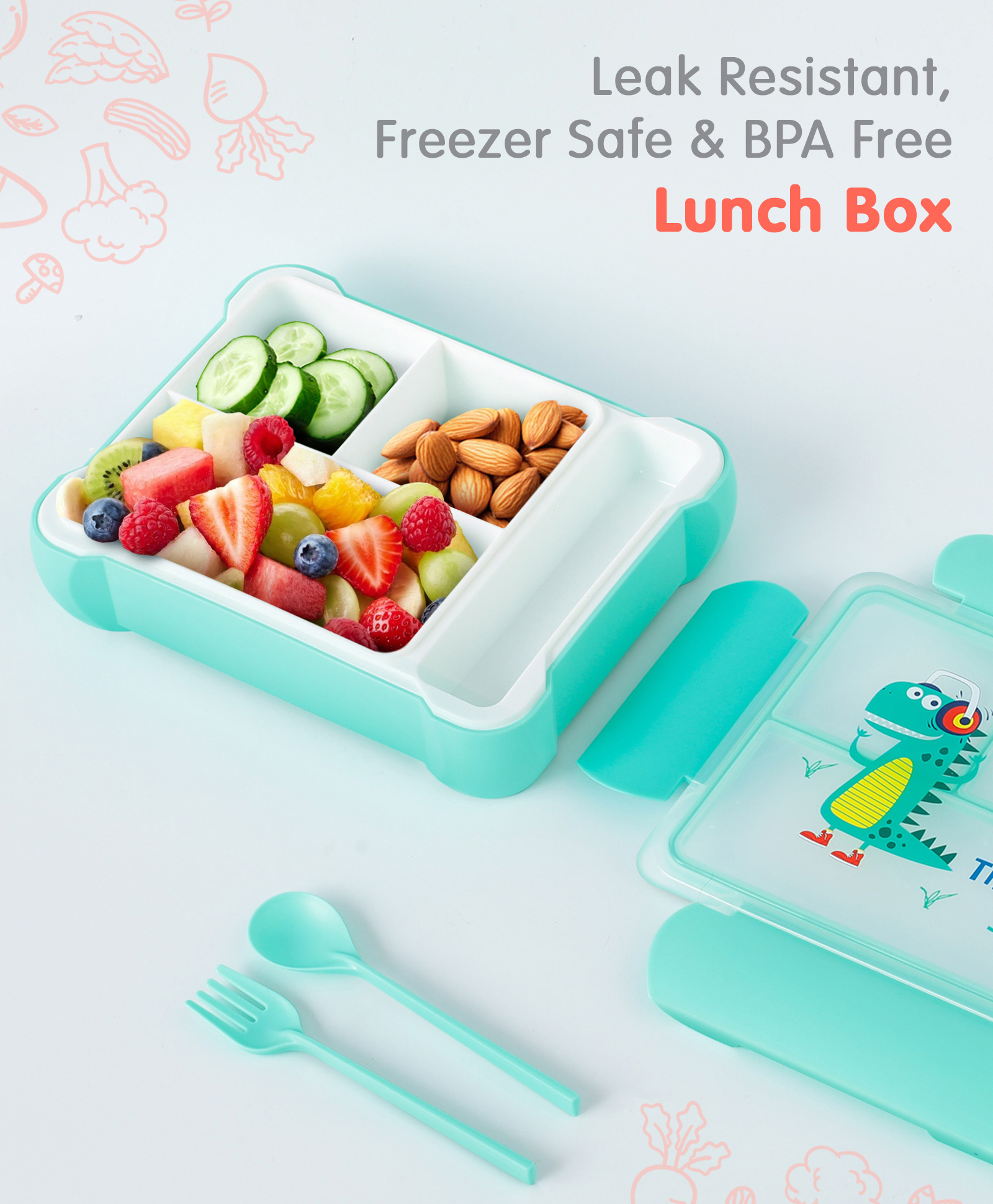 fab n funky Dino Themed BPA free Bento Lunch Box - Green-picture-16