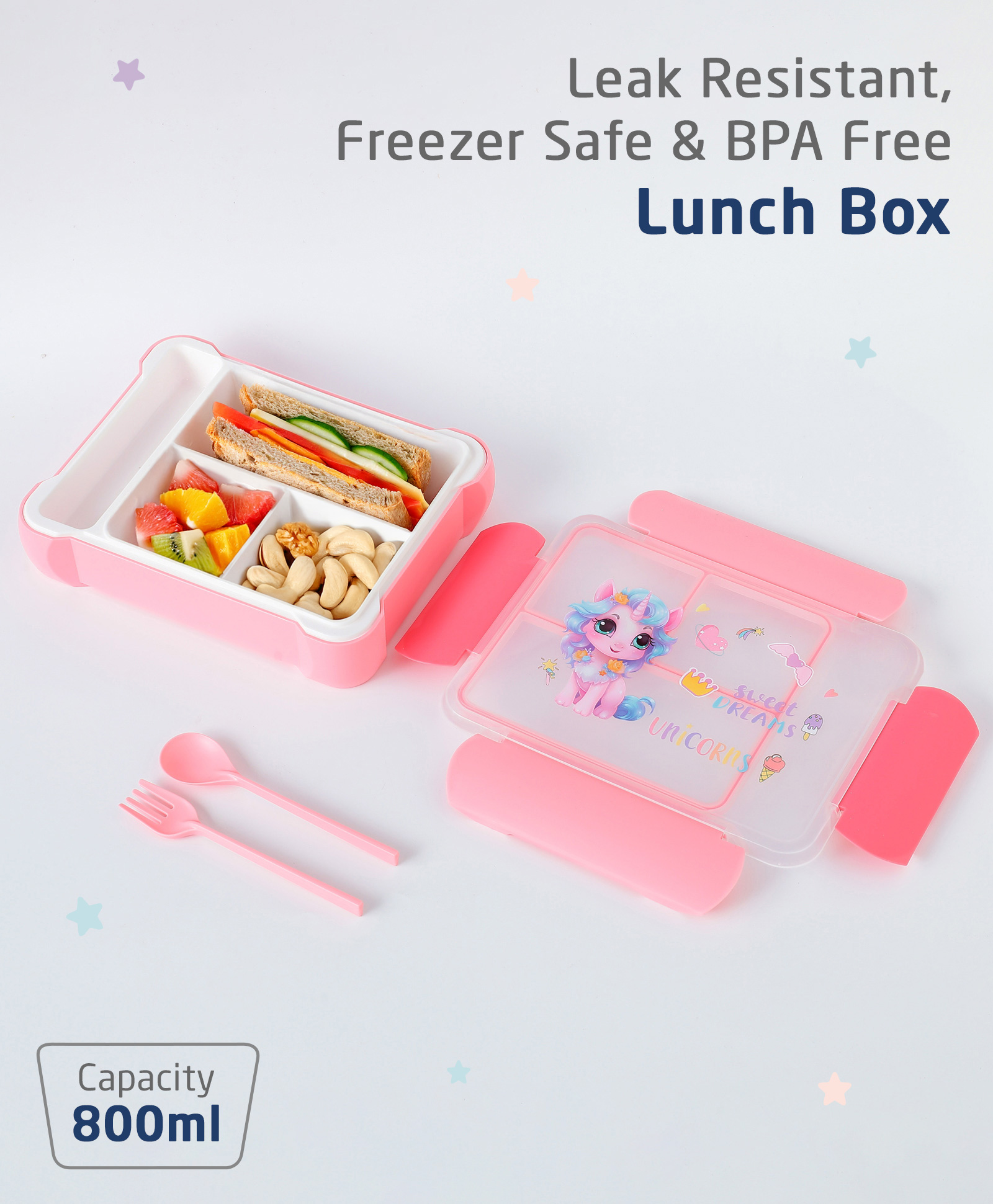 ZOE Portable Lunch Box with Spoon & Fork Unicorn Print - Pink-image-49